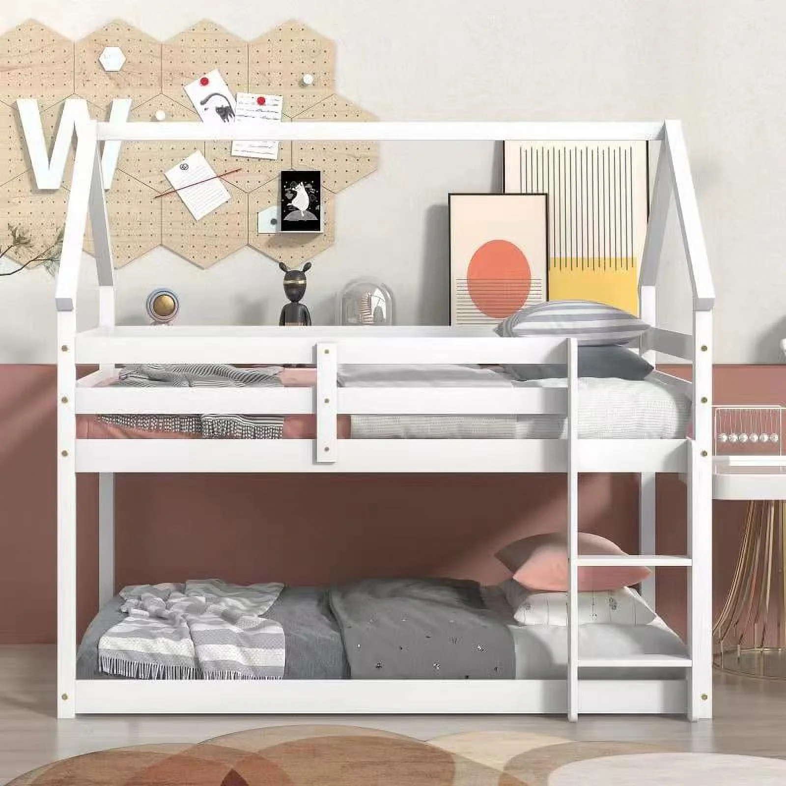 Wooden Bunk Bed with Roof for Toddlers, Twin Size House Beds with Fence for Kids, Wood Loft Bed Frame Bedroom Furniture for Girls Boys (White)