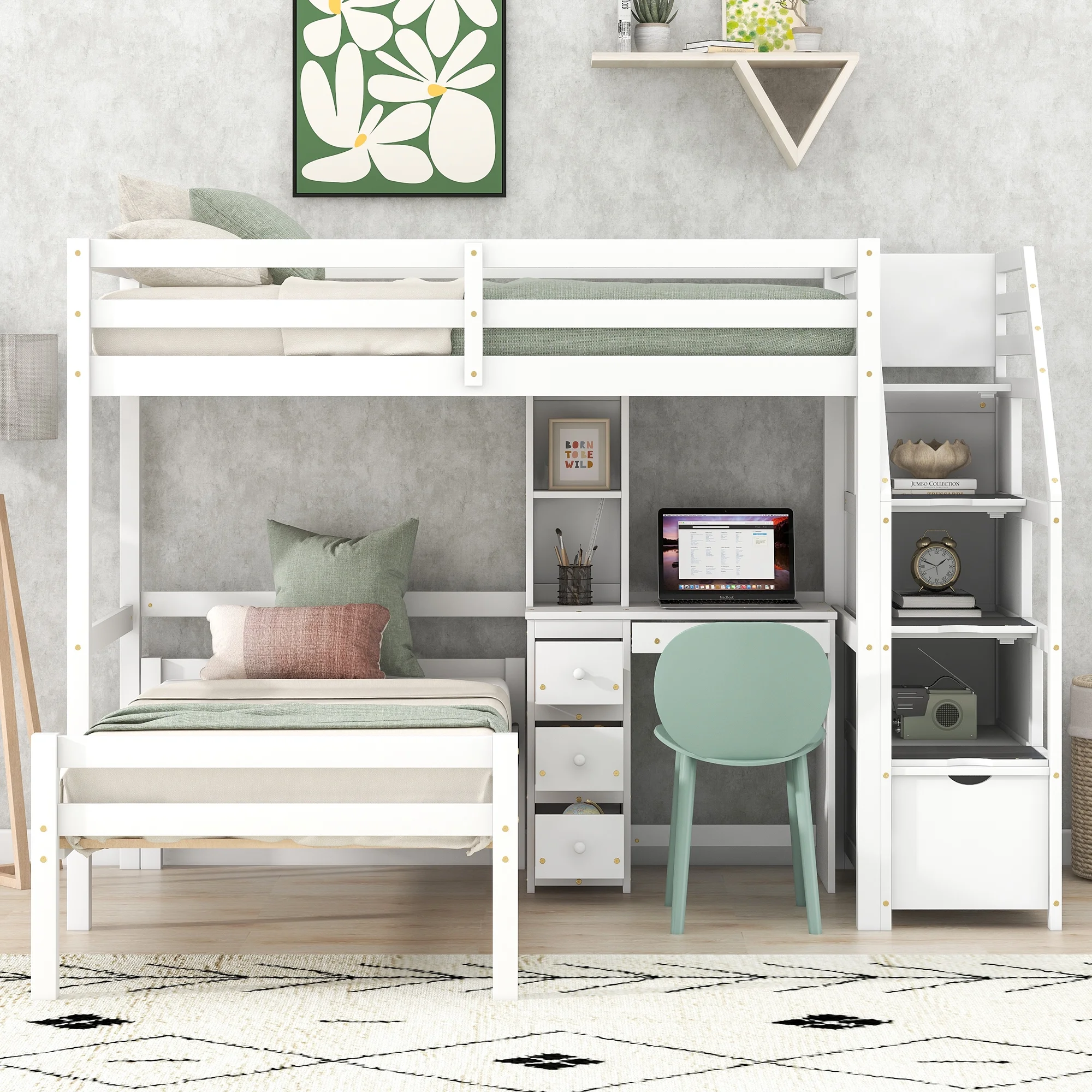 Leadzm Twin Size Loft Bed with a Stand-alone Bed, Storage Staircase, Desk, Shelves and Drawers, White