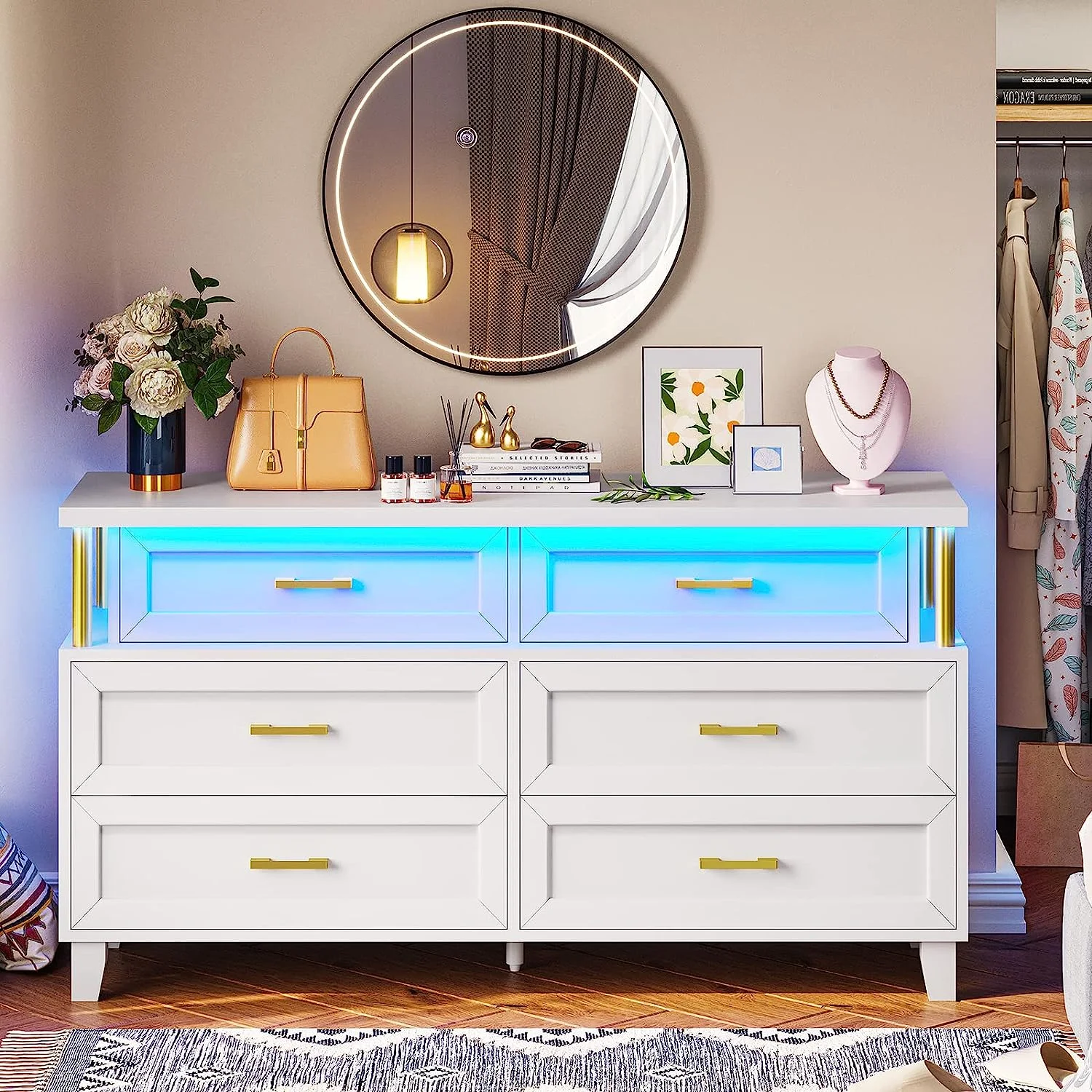 RUNFAYBIU White Dresser for Bedroom with 6 Drawers  Chest of Drawers with LED Light  Modern Wood Dresser Chest with Wide Drawers and Metal Handles for Living Room  Entryway and Hallway  6