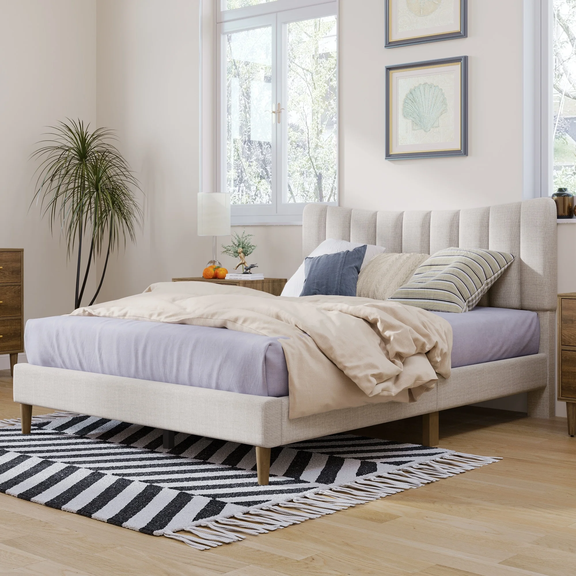 YJTONWIN Platform Bed Frame Tufted Headboard Cream Queen