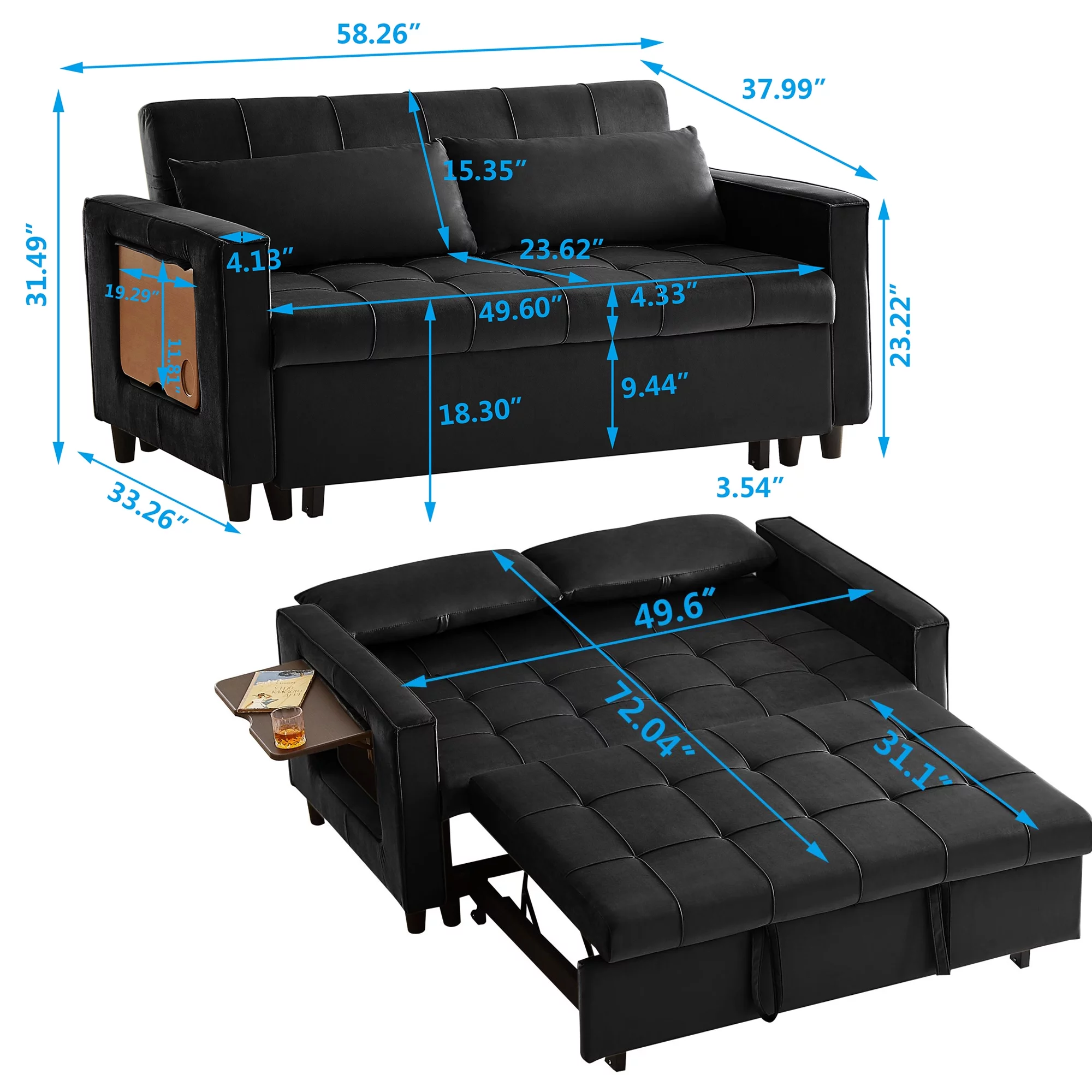 2-in-1 Pull Out Sofa Bed with 2 Wing Table and 2 Throw Pillows Modern Versatile Sleeper Couch Bed with Adjustable Backrest Black Velvet Pull Out Couch for Apartment Office Living Room