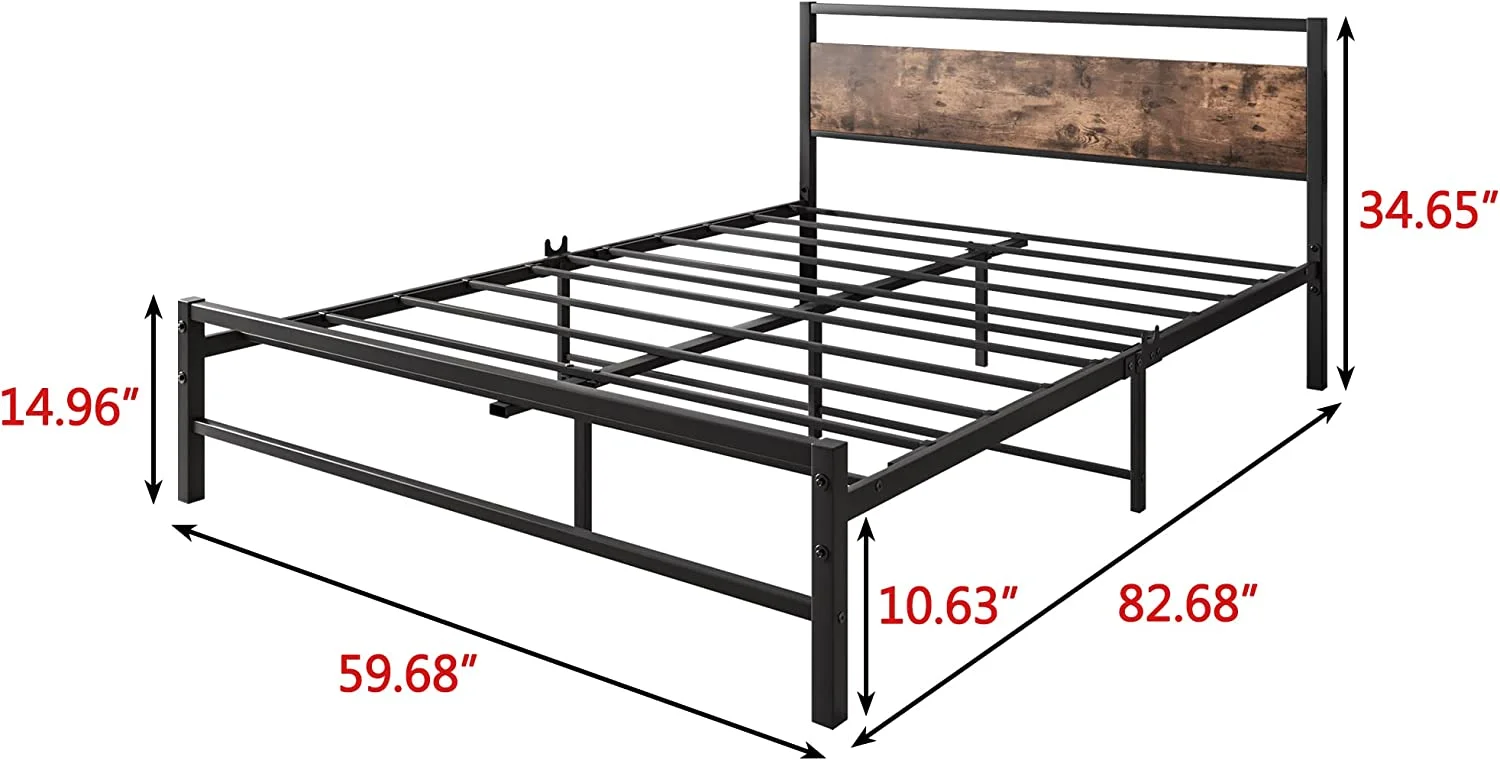 Queen Size Bed Frame with Black Wood Headboard,Heavy Duty Platform Bed Frames with Storage No Box Spring Needed,Reinforced Steel Square Pipe Mattress Foundation Noise Free, Black