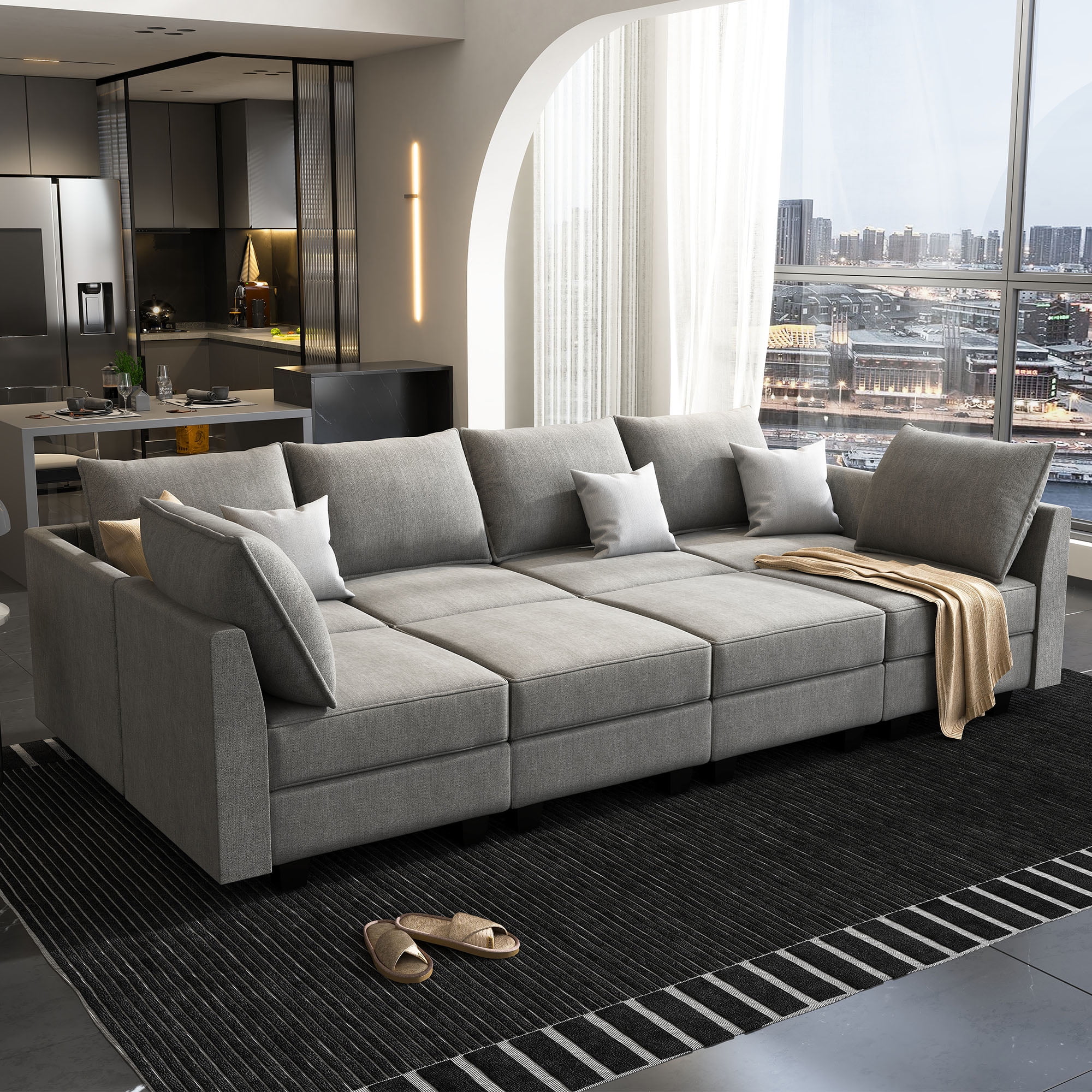 HONBAY Modern Large Convertible Sleeper Sofa Couch Sofa Bed with Storage Ottomans for Living Room, Grey