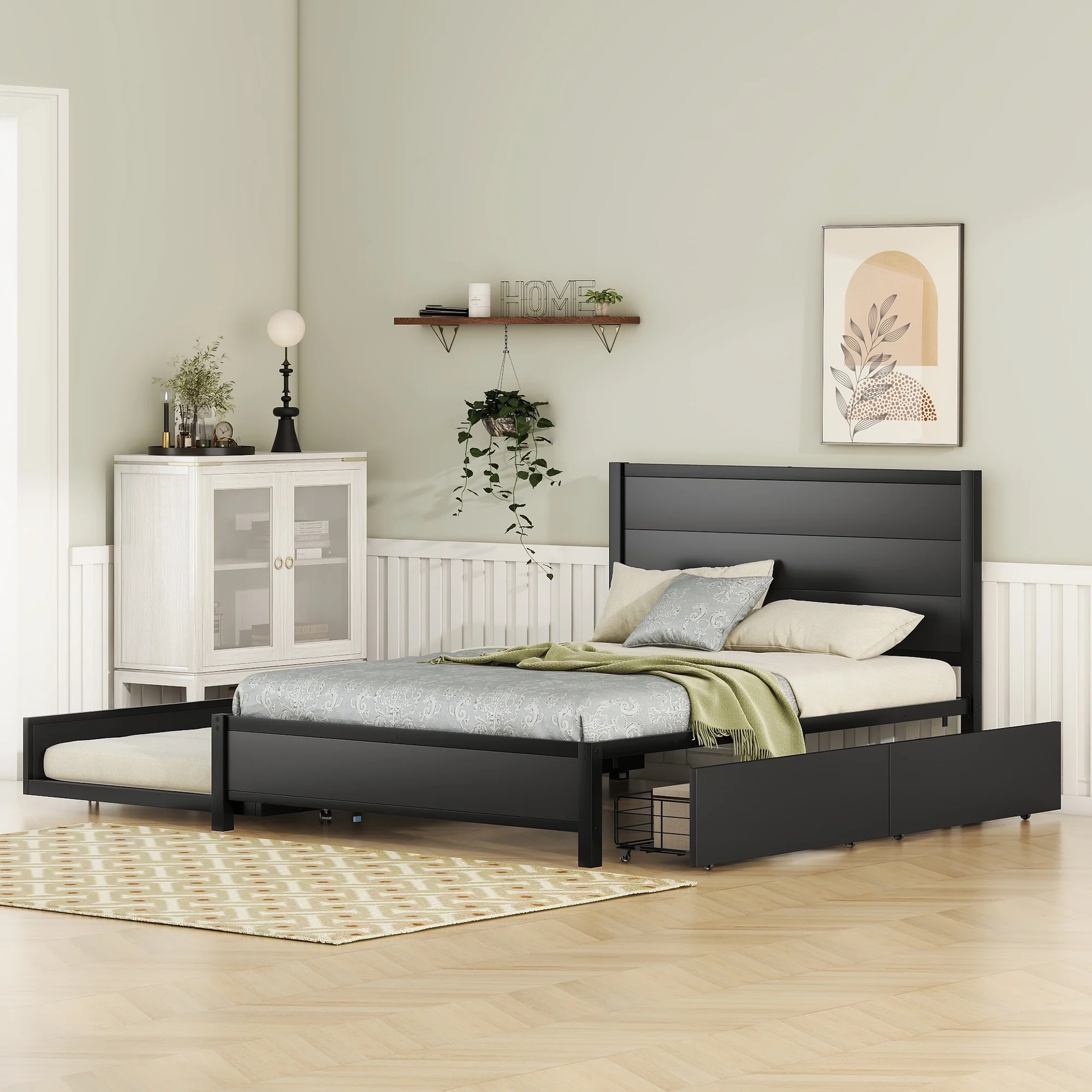 CoSoTower Metal Full Size Storage Platform Bed with Twin Size Trundle and 2 Drawers, Black