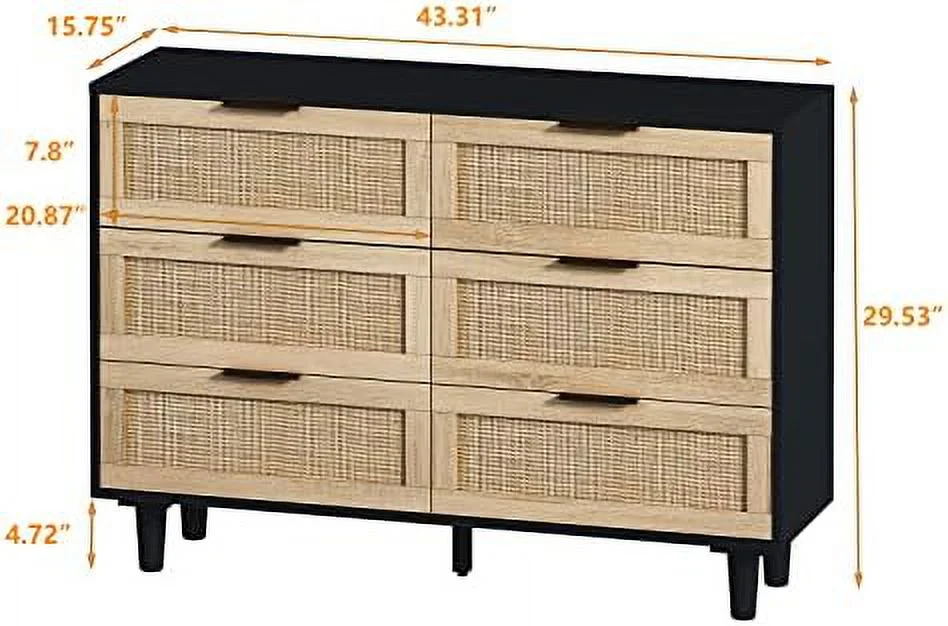 TJUNBOLIFE 51.18 inch 6 Drawer Dresser Modern Rattan Chest with 6 Drawers Wood Cabinet Sideboard for Bedroom Living Room Entryway Hallway(Natural)