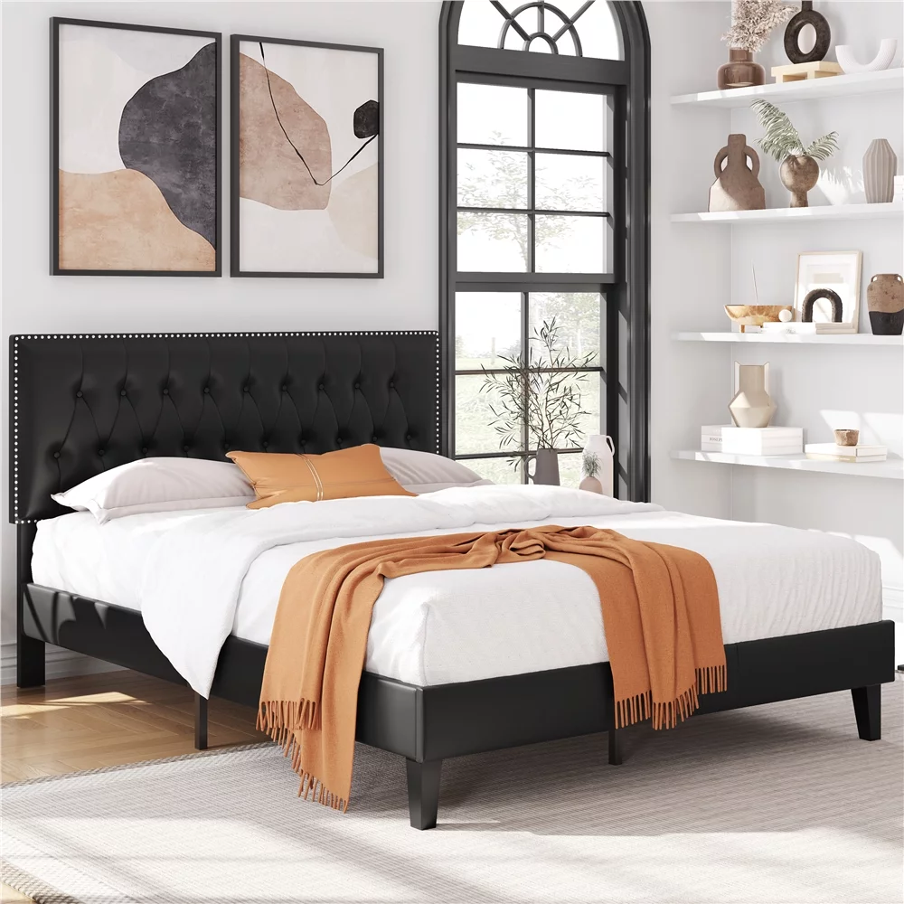 Yaheetech Upholstered Bed Frame with Adjustable Headboard, Queen Size, Black