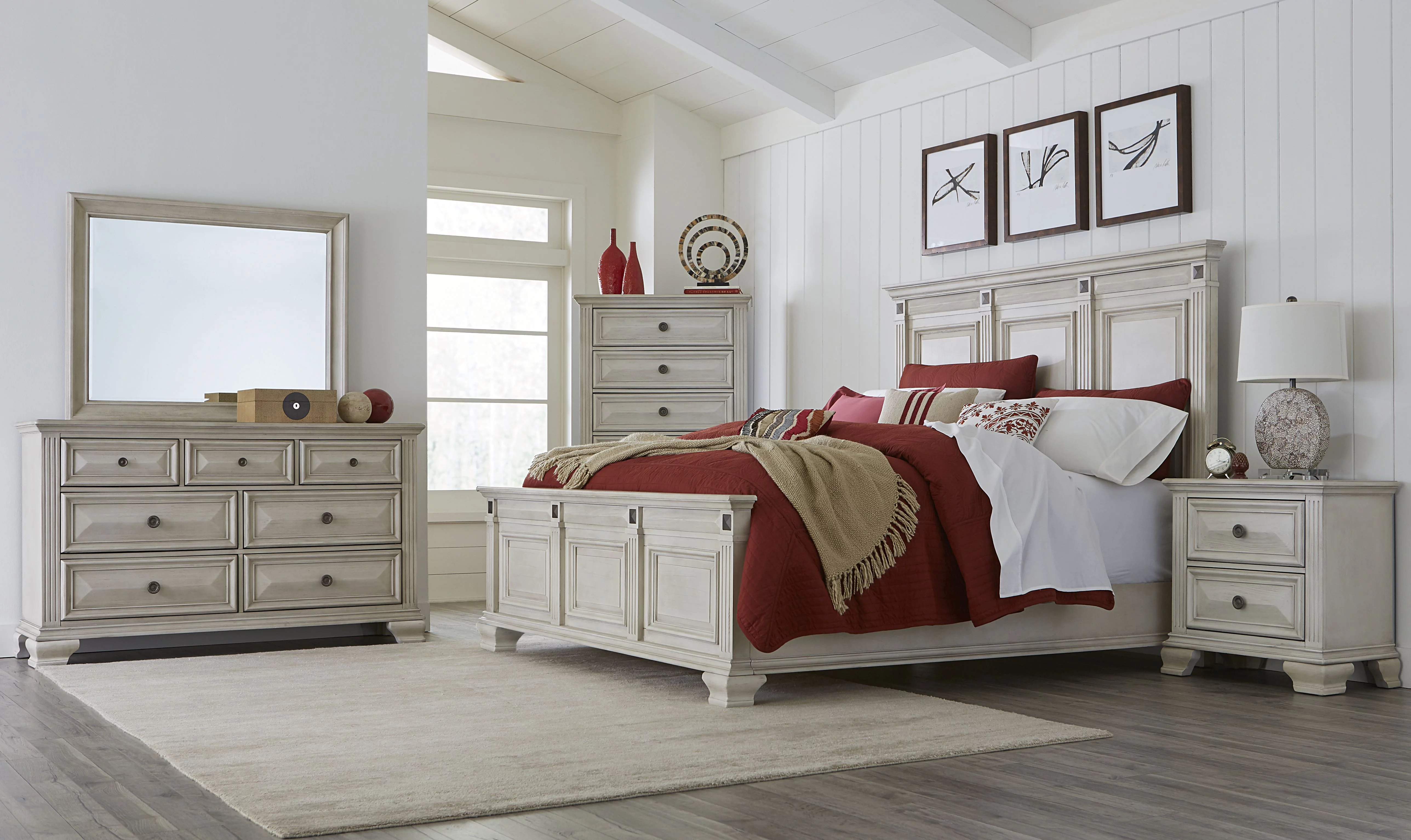 Renova Distressed Parchment Wood Bedroom Set, Queen Panel Bed, Dresser, Mirror, Two Nightstands, Chest
