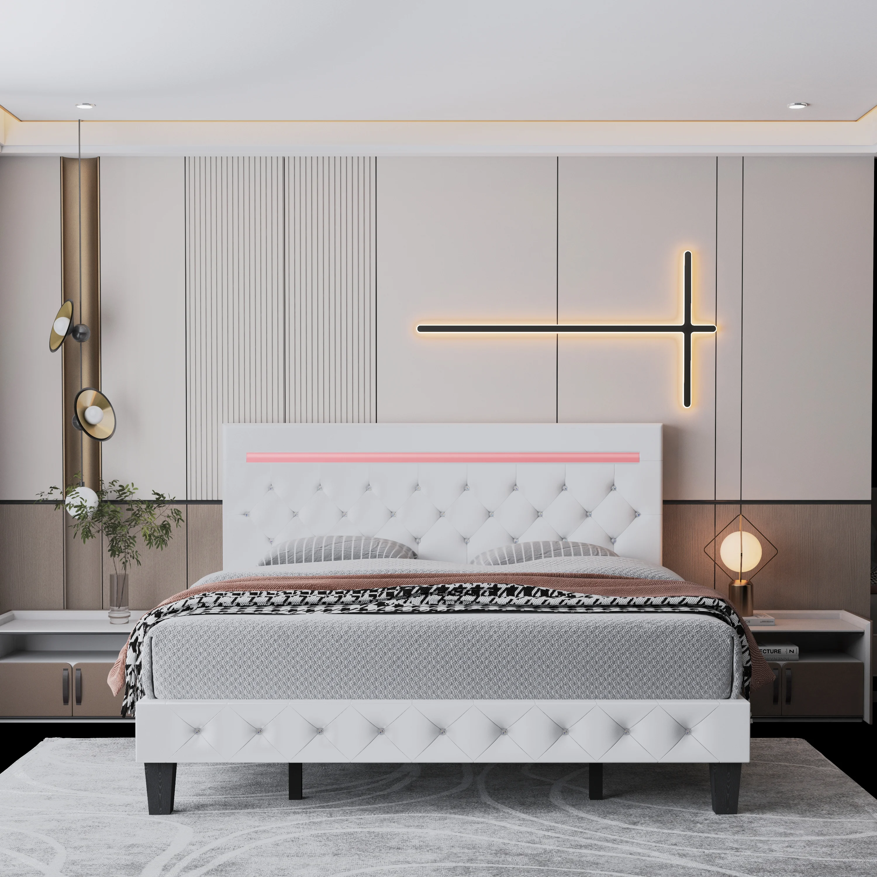 Kallabe Queen Size LED Light Faux Leather Upholstered Platform Bed Frame with Adjustable Headboard, White