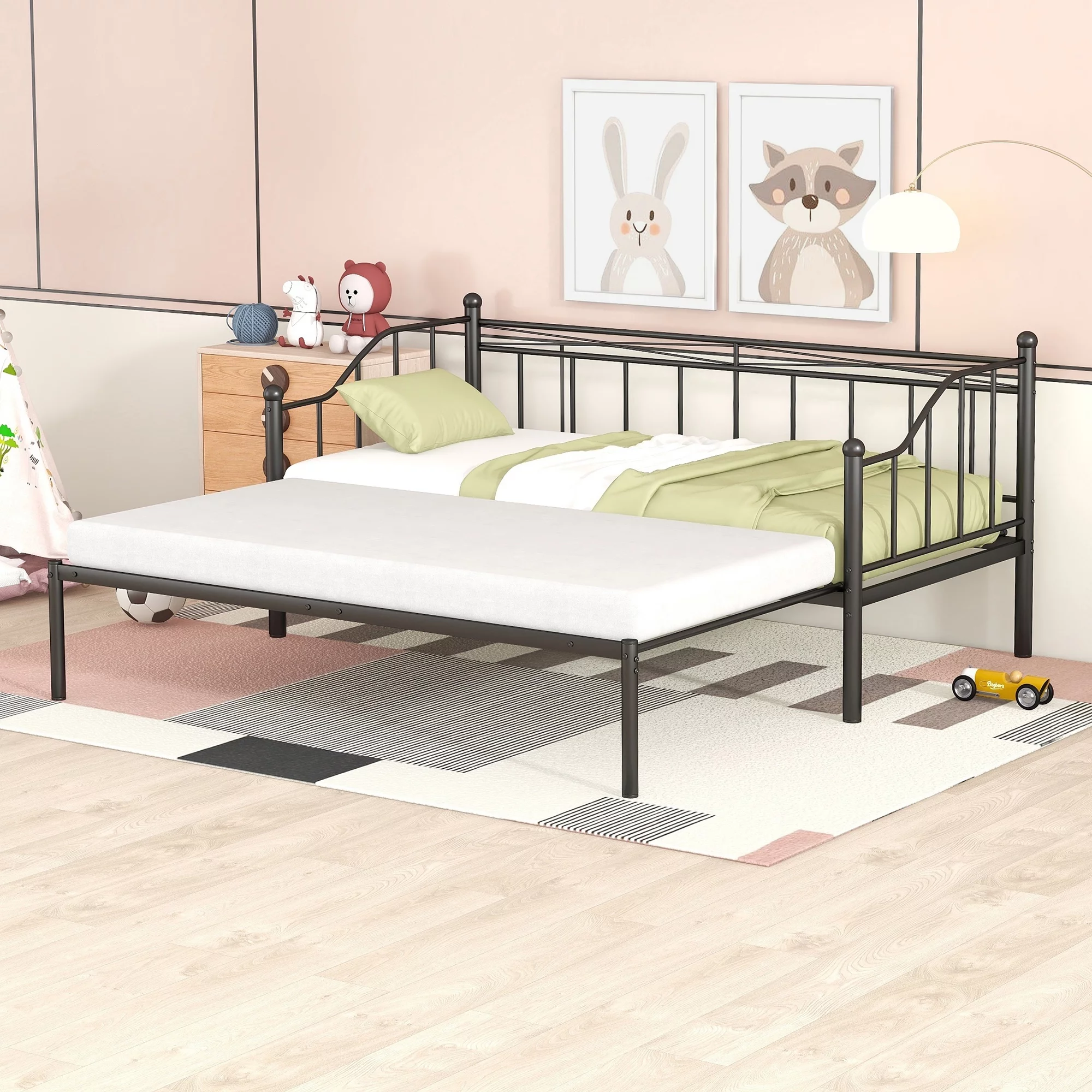 BTMWAY Twin Size Metal Daybed Frame with Trundle, Extendable Daybed Frame with Pull-out Trundle Bed, No Box Spring Needed, Black