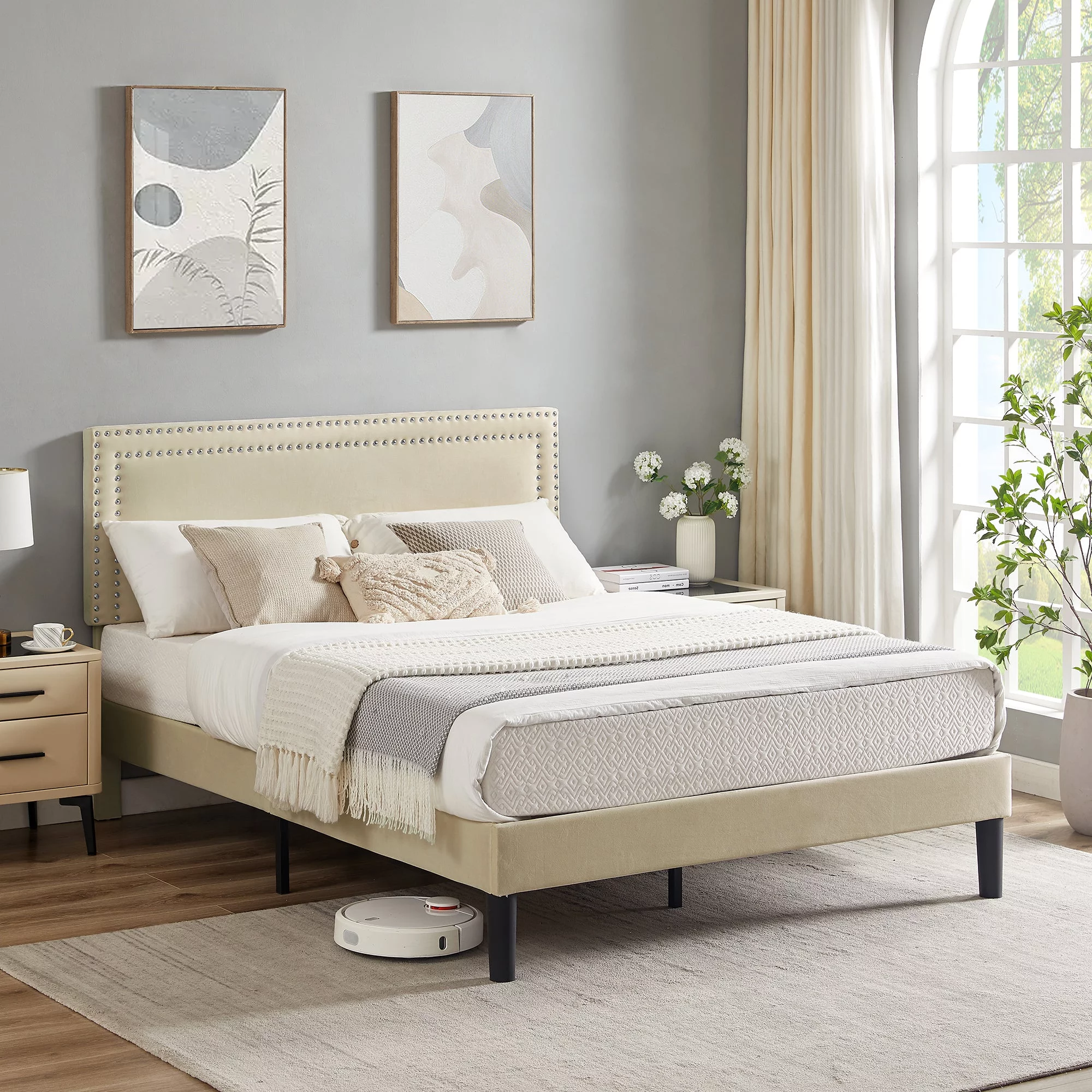 Taomika, Queen Size Tufted Nailhead Upholstered Platform Bed Frame with Adjustable Headboard-Beige