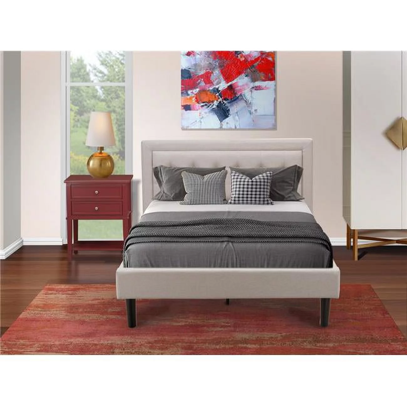 East West Furniture 2 Piece Fannin Bedroom Furniture Set - Mist Beige, Black & Burgundy