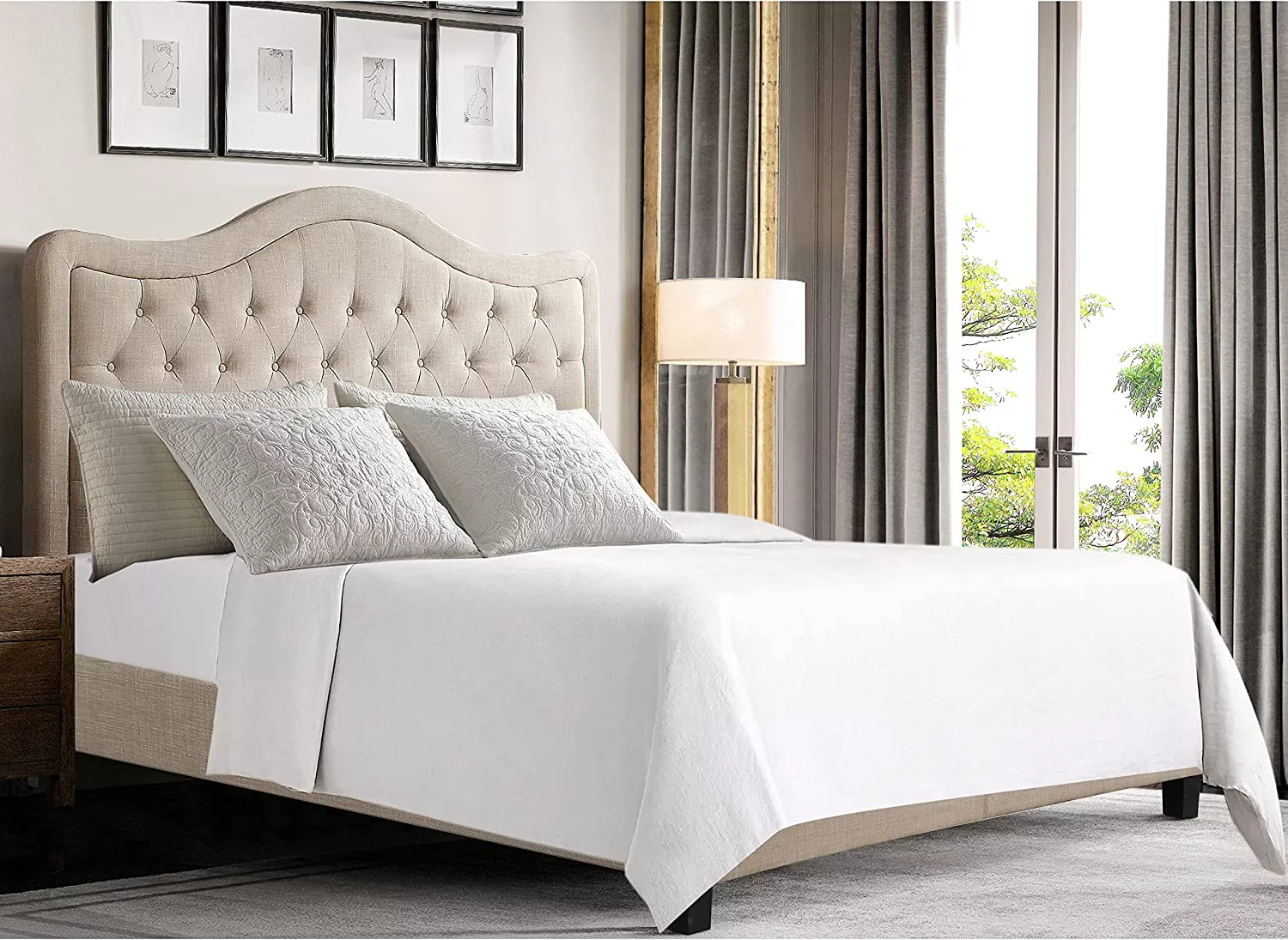 QCAI Grayson Adjustable Headboard Bed with Fine Polyester and Button Tufting for Bedroom, Full, Sand