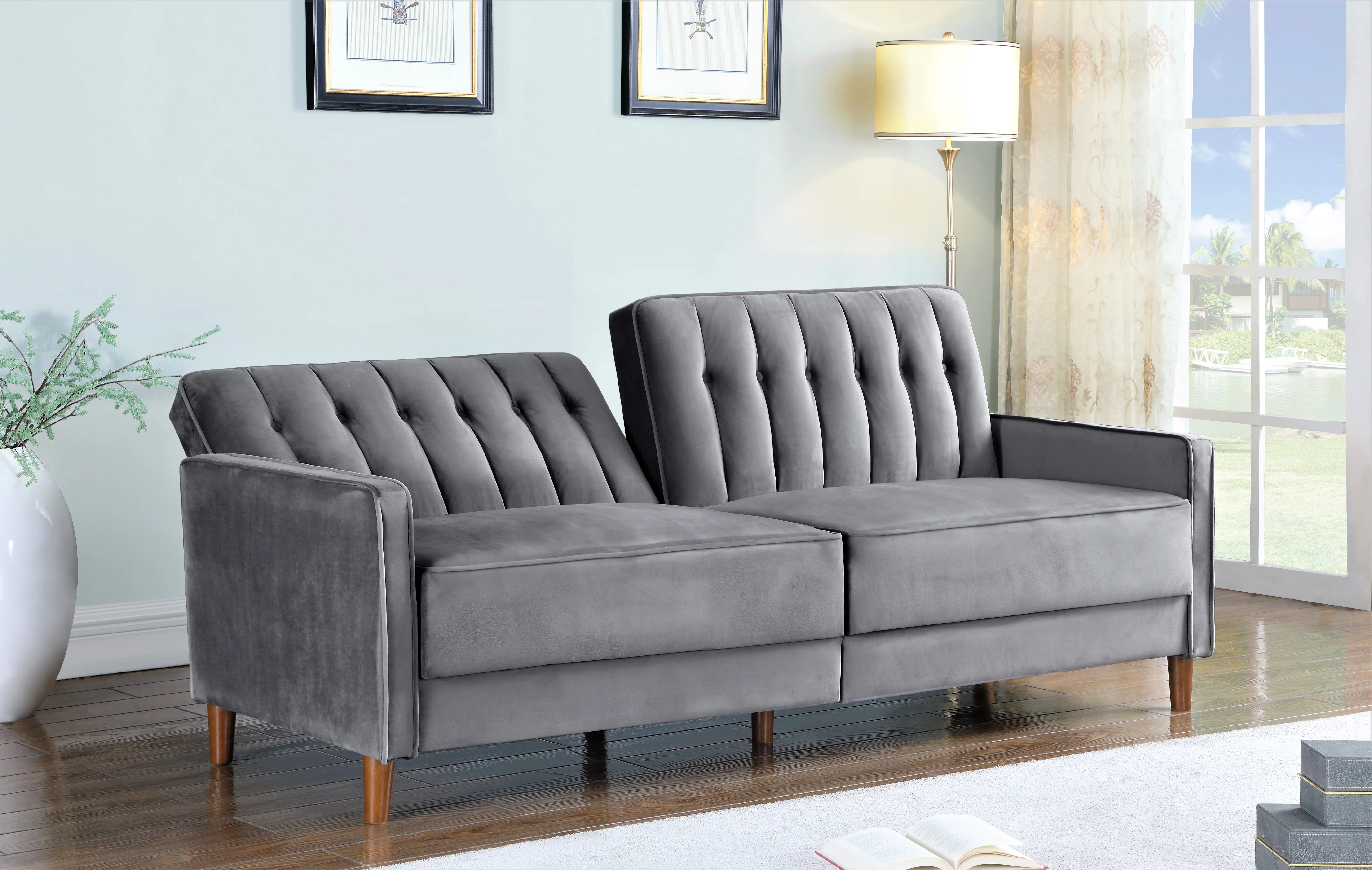 Uspridefurniture Cornell 81'' Velvet Square Arm Sleeper, Gray