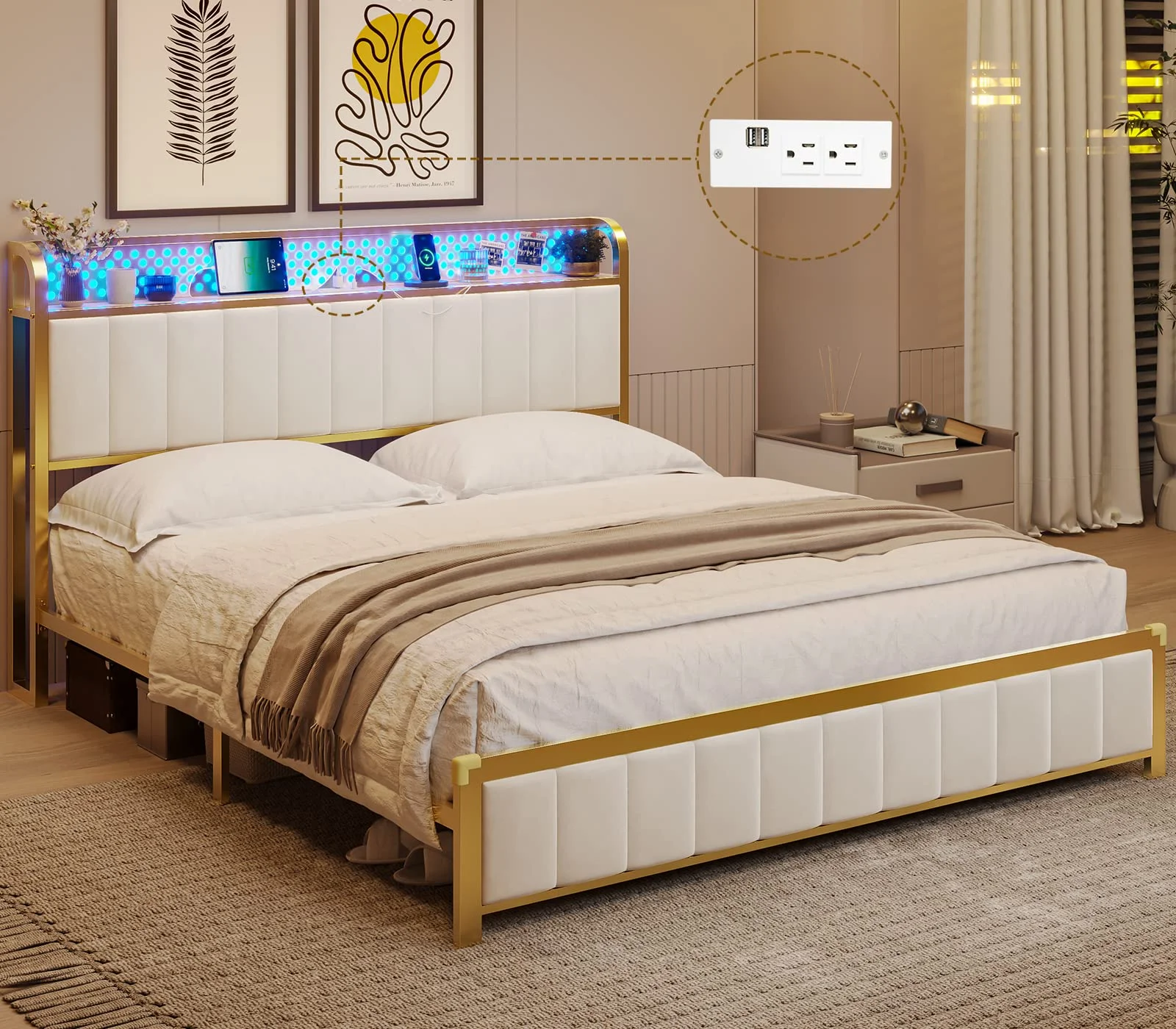 EPHEX LED King Bed Frame, Upholstered Metal Platform Bed Frame with USB Ports and Charging Outlets, White