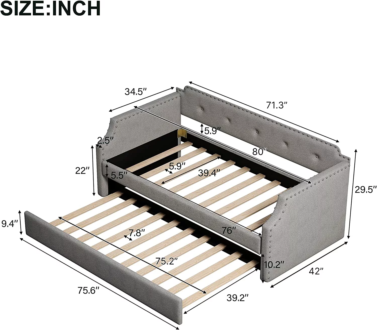 Twin Upholstered Daybed Frame with Trundle, Twin Size Sofa Bed for Bedroom Living Room Guest Room, Wood Slat Support, Gray