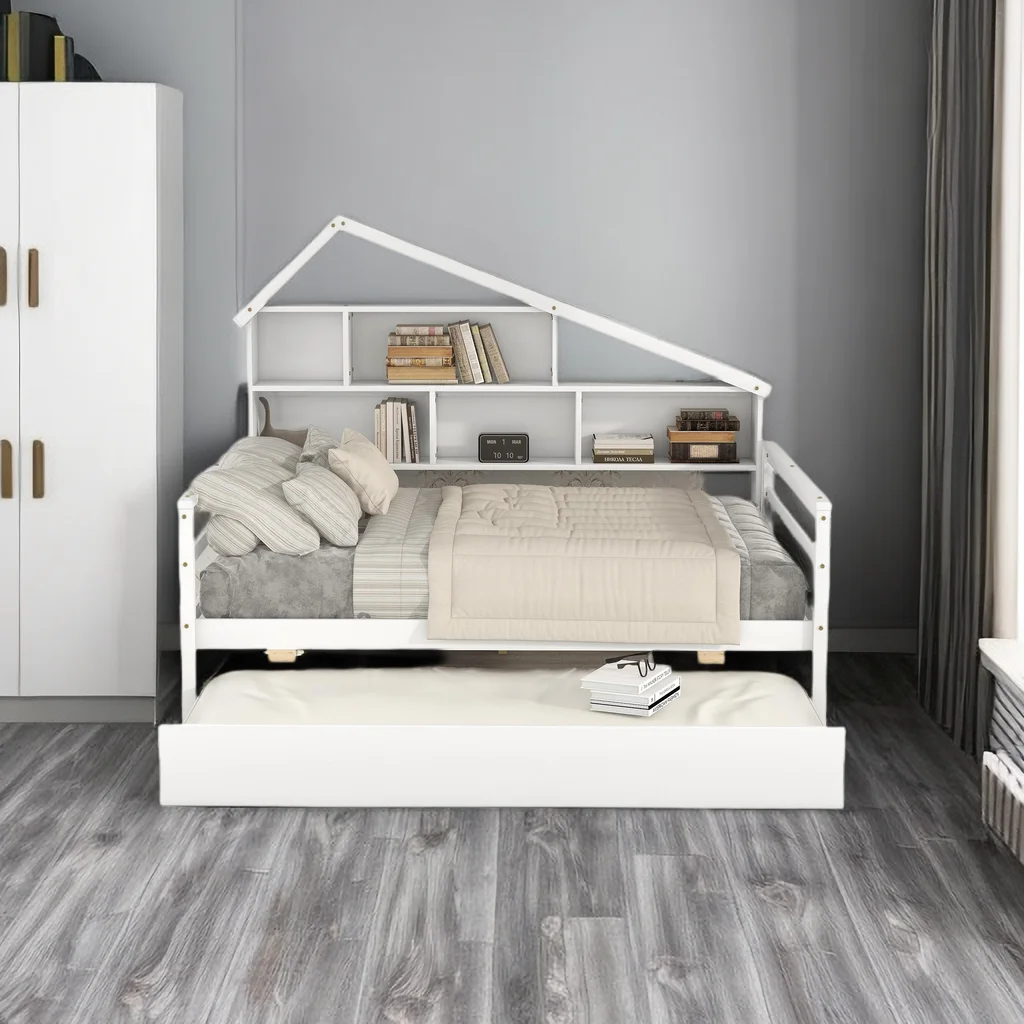 Solid Wood Platform Bed with Wooden Slats, Bookcase and Trundle, Full Size Platform Bed with Trundle, Shelves and Headboard, No Box Spring Needed, Easy Assembly