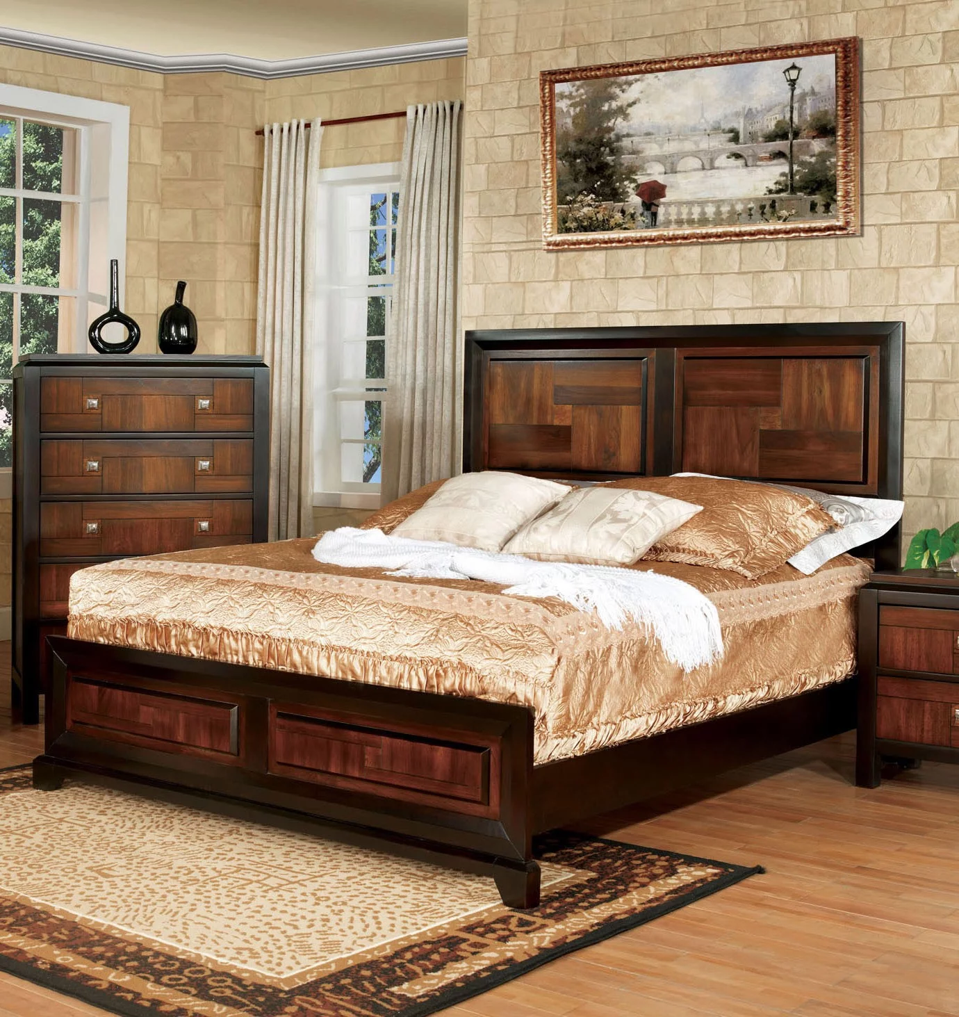 6pc Bedroom Furniture Set Full Size Bed Dresser Mirror 2x Nightstands Chest Gorgeous Two Tone Walnut Solid wood Acacia