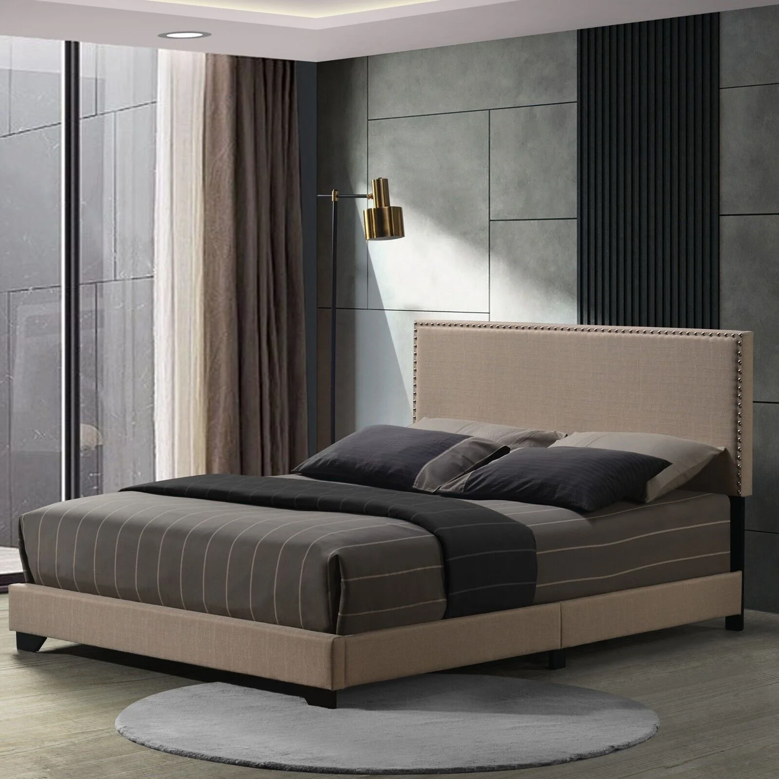 Casual Look 1pc Queen Size Bed Beige Fabric Upholstered Nailhead Trim Accent Headboard Modern Bedroom Furniture