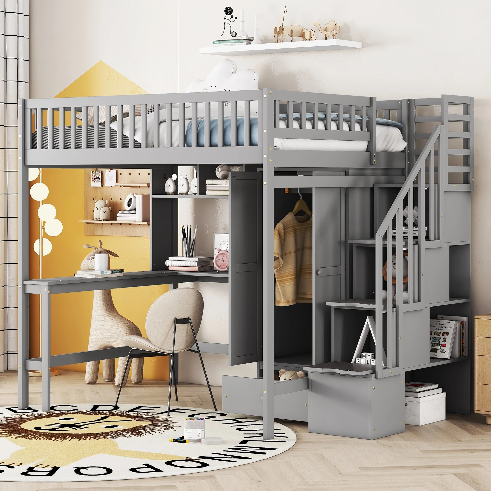 Bellemave Full Size Loft Bed with Stairs and Wardrobe, Wood Loft Beds Frame with Desk and Storage Drawers, Stairway Loft Bed for Kids, Teens & Adults(Gray)