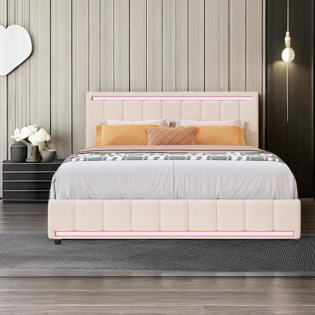Queen Size Upholstered Platform Bed with LED Light and 4 Drawers, Linen Fabric Headboard w/A Set of Sockets & USB Ports