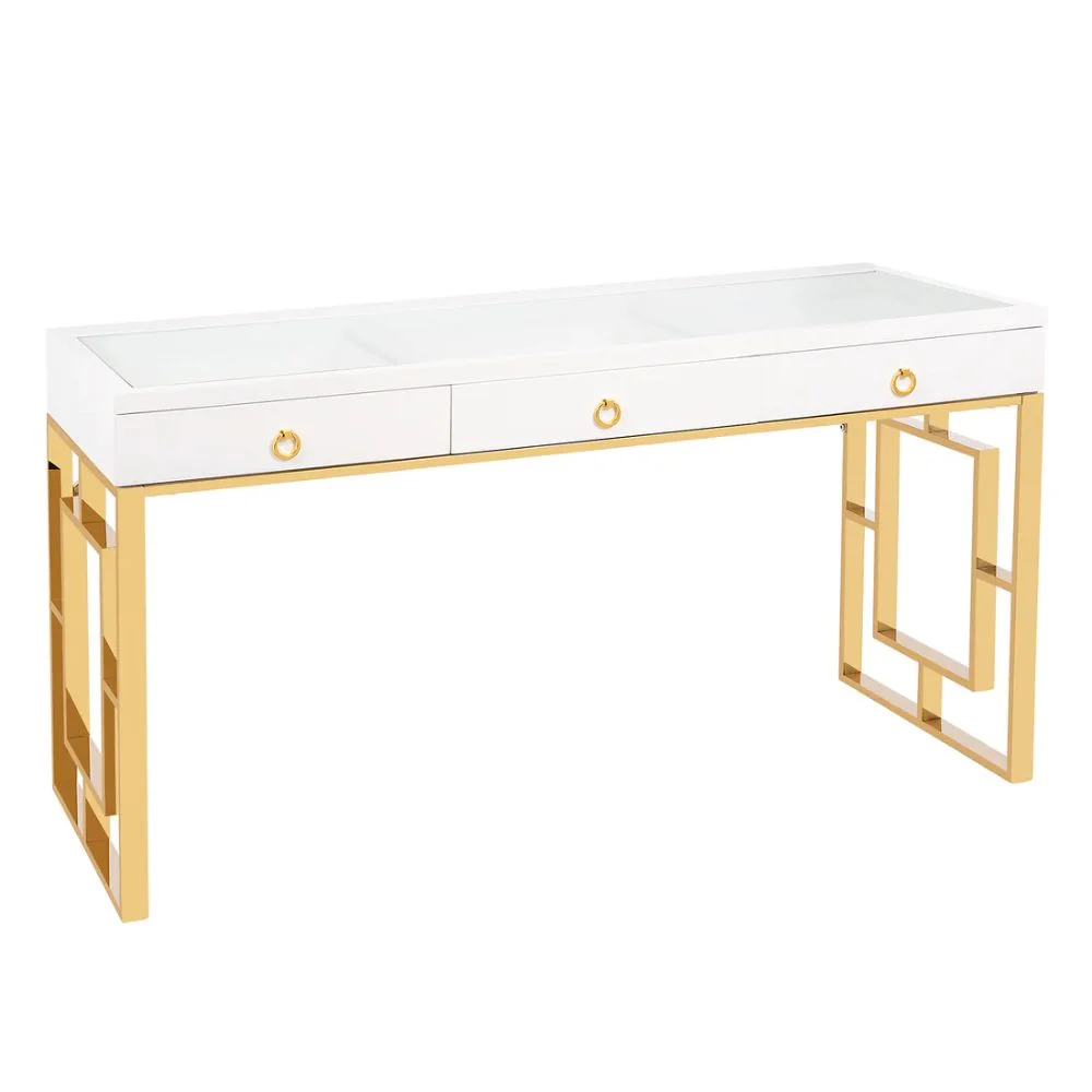 Impressions Vanity Makeup Table, Slaystation Skylar Modern Desk with 3 Drawers, Dresser Desk with Golden Colored Metal Legs and Drawer Knobs for Bedroom Living Room Entryway