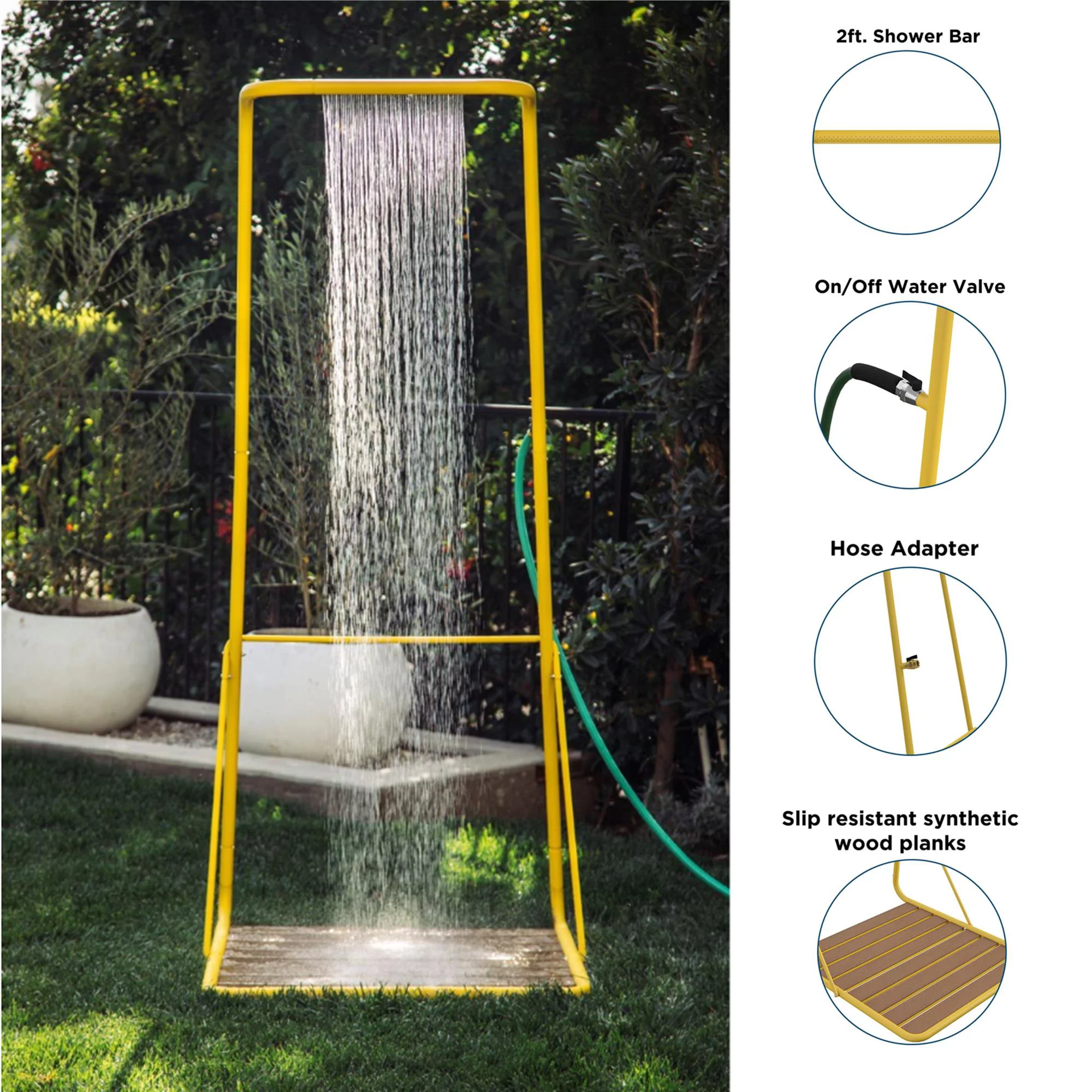 Novogratz Poolside Gossip, Rainey Outdoor Shower with XL Base and Waterfall Bar, Yellow