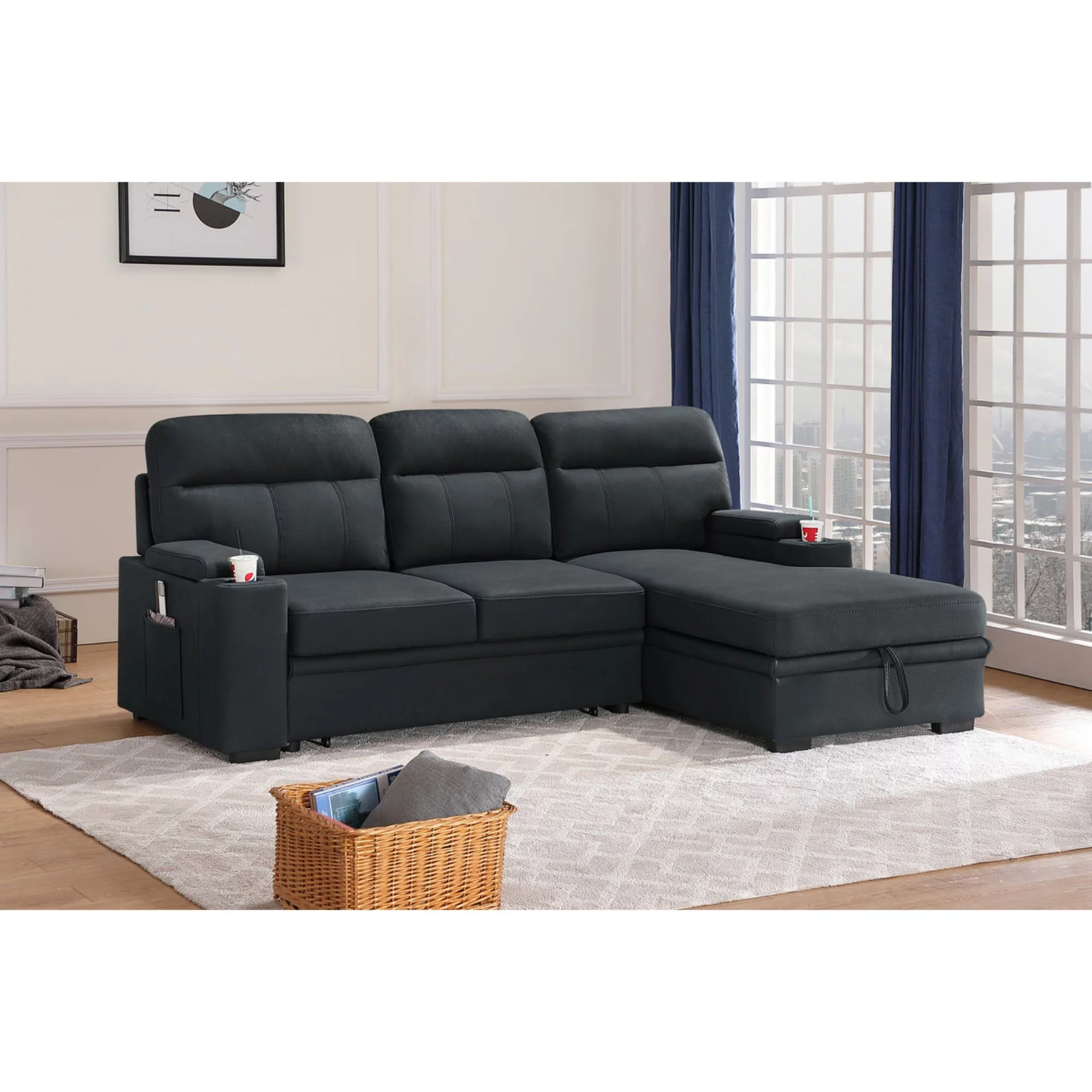 Kaden Black Fabric Sleeper Sectional Sofa Chaise with Storage and Cupholder