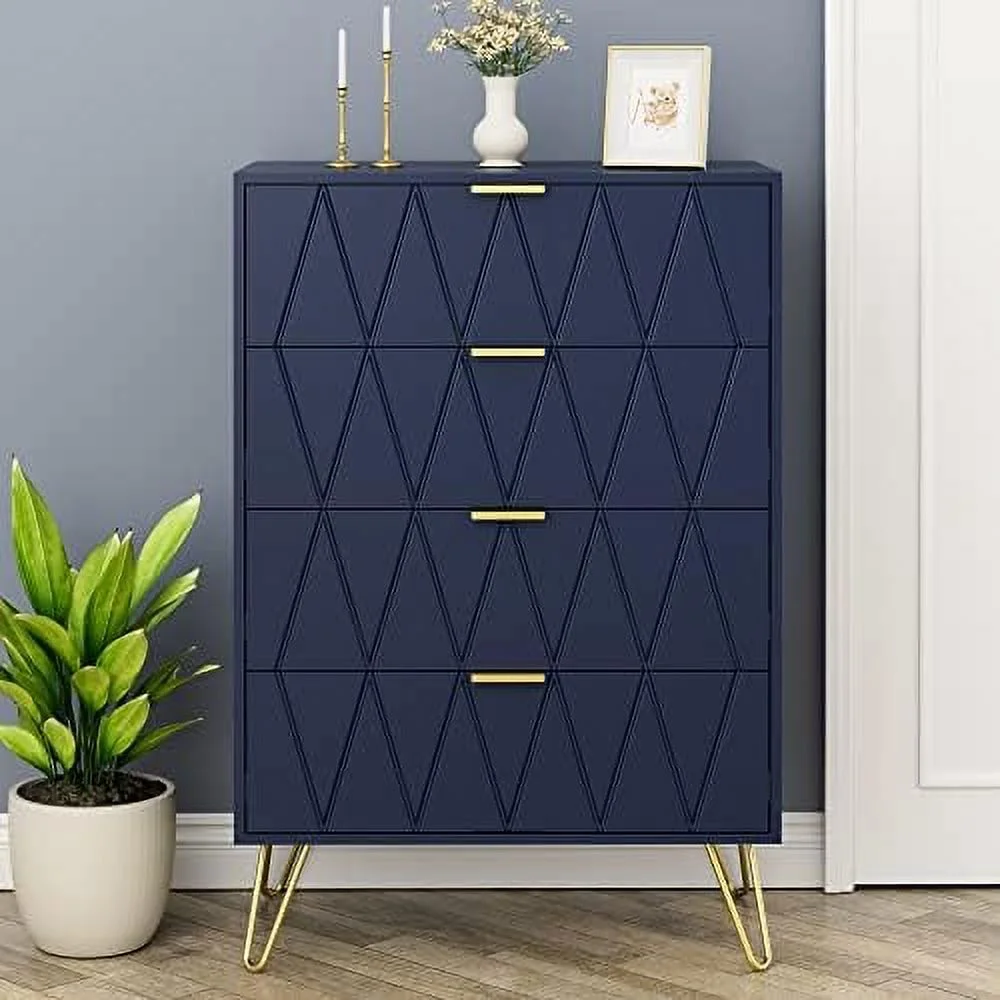 Grooved Pattern 4 Drawer Dresser Chest of Drawers with Gold Handles Navy Blue Dresser for Bedroom Living Room Entryway