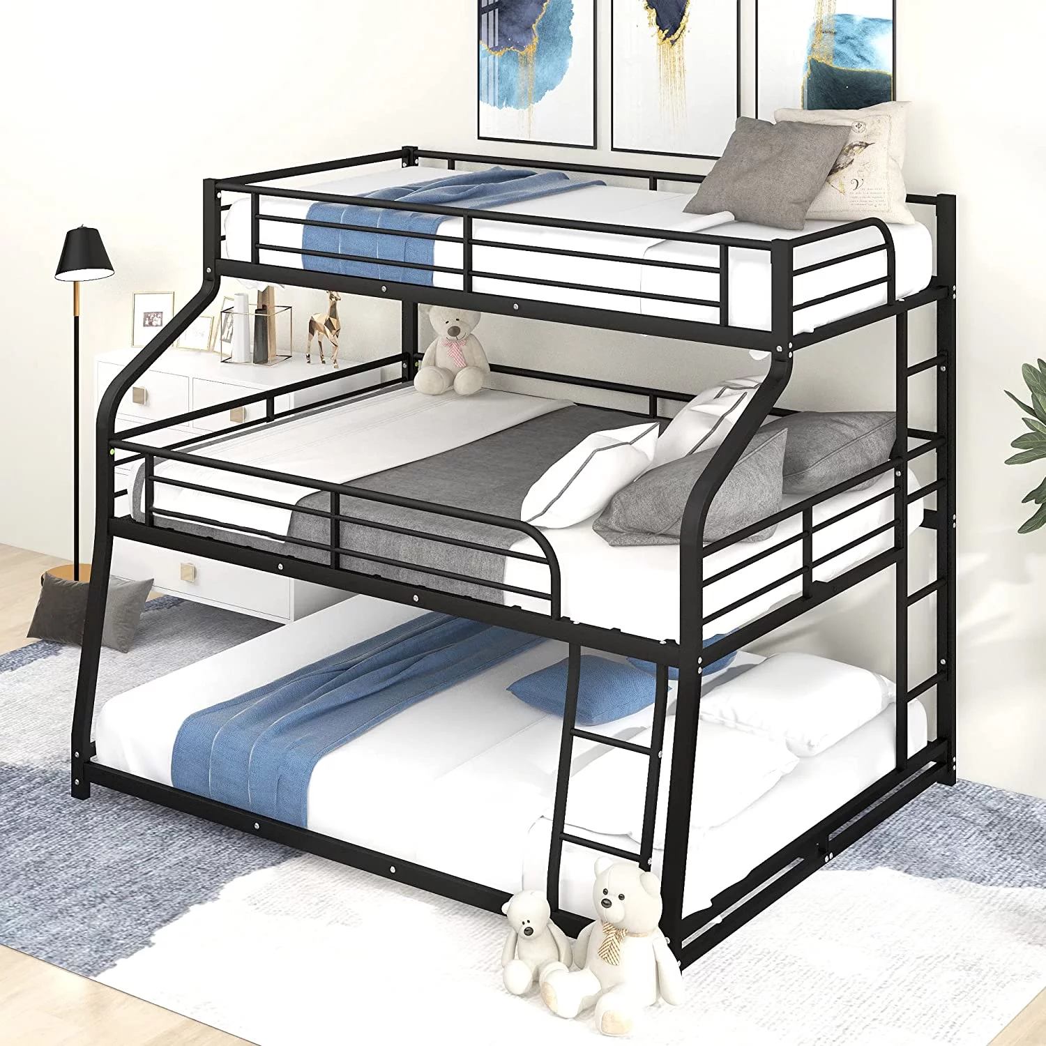 CHURANTY Twin XL XL Over Queen Metal Triple Bunk Bed Frames with Built-in Ladder and Full-Length Safety Guardrails, No Box Spring Needed Platform