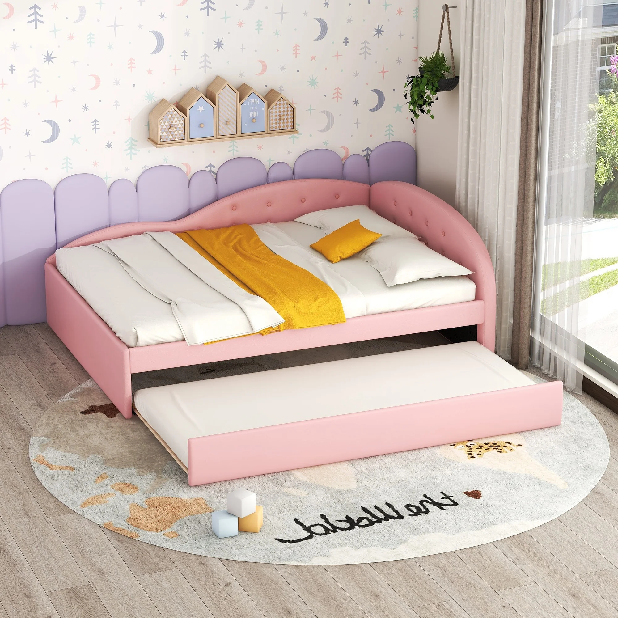 Euroco Full Size PU Upholstery Daybed, Tufted Sofa Bed with Trundle for Kids Room, Pink