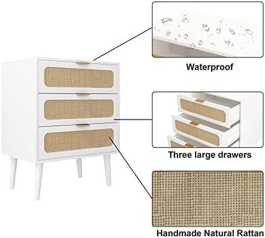 xrboomlife Drawer Dresser Rattan Chest of Drawers with 3 Drawers Dresser Accent Cabinet Modern Bedside Table for Living Room Bedroom Entryway (White)