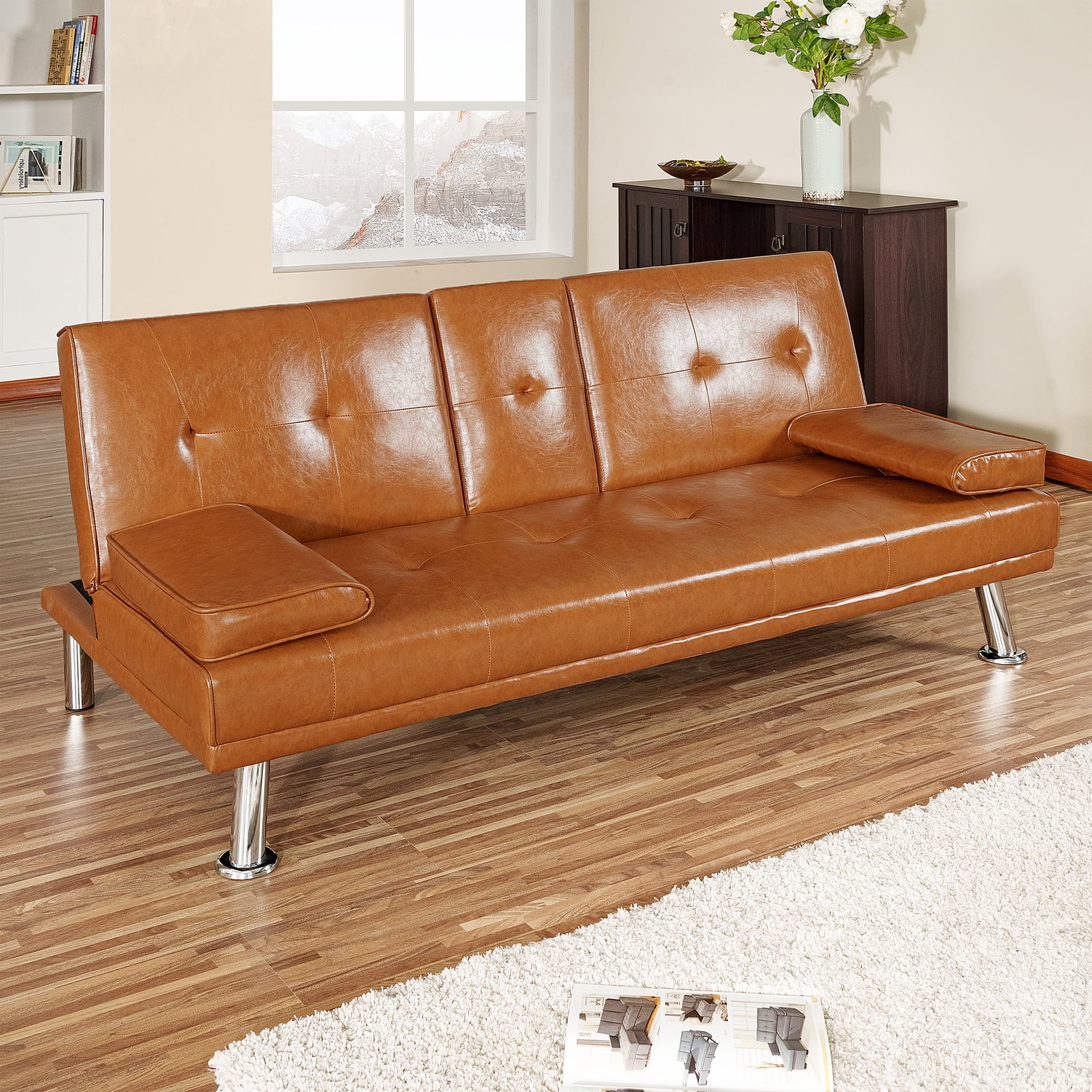 Naomi Home Three Positions Futon Sofa with Armrest and Cupholders-Color:Caramel