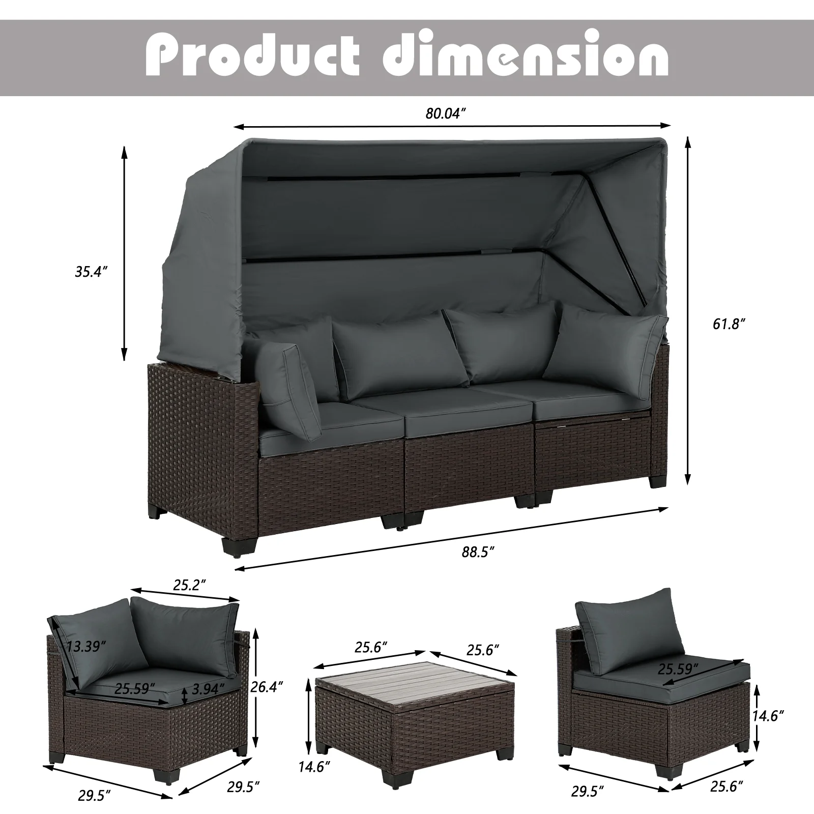 Magic Union 6 Pieces Patio Furniture Set Outdoor Conversation Set Daybed with Retractable Canopy, Patio Sectional Rattan Sofa Set with Adjustable Backrest and Coffee Table for Poolside Backyard,Gray