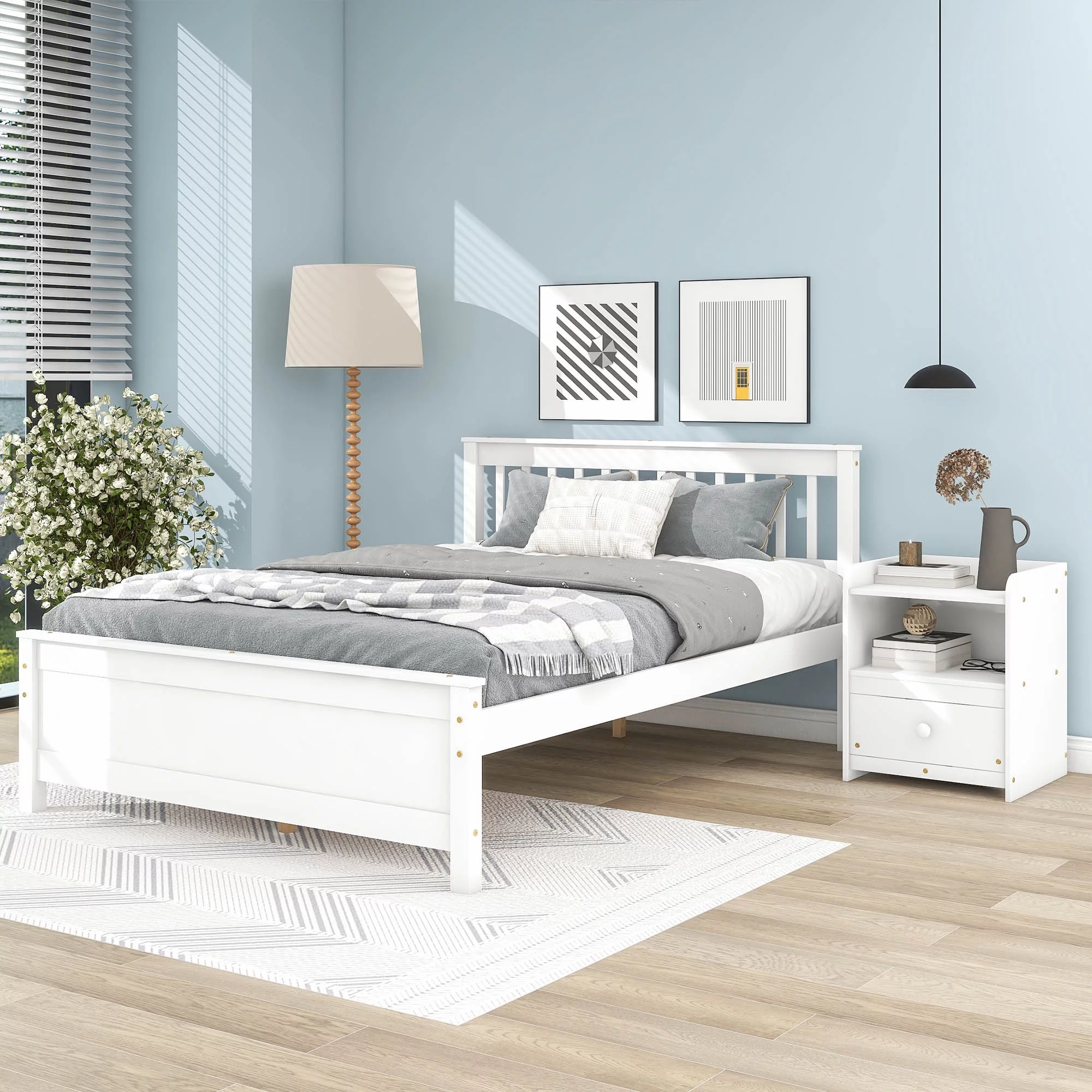 2-piece Bedroom Furniture Sets with a Nightstand for Boys and Girls, Full Size Wood Bed Frame with Headboard and Footboard for Kids Teens Adults, White