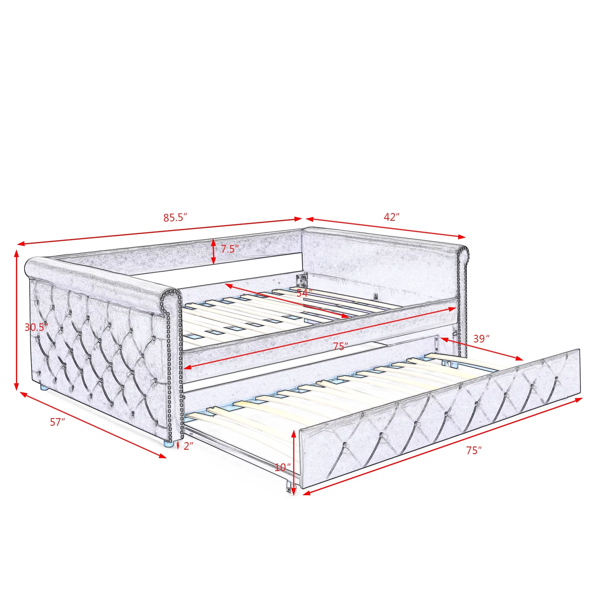 Mid-Century Grey Upholstered Tufted Daybed with Trundle