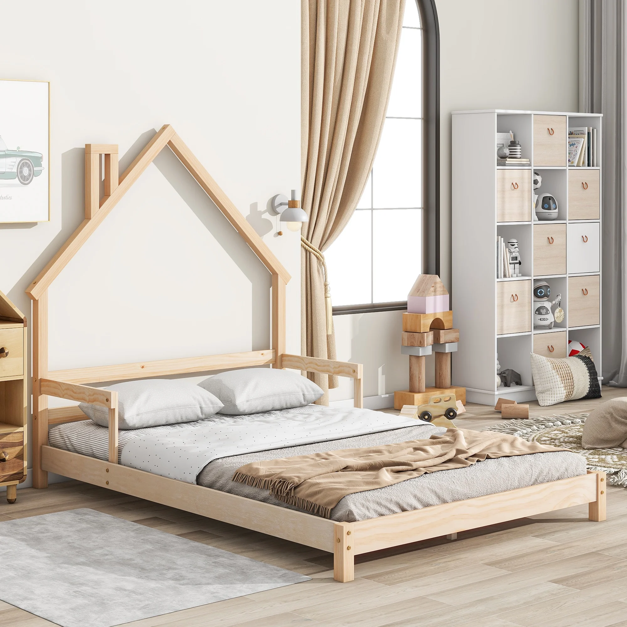 PAPROOS Full Size Floor Platform Bed with House-Shaped Headboard and Handrails, Solid Wood Floor Bed for Kids Boys Girls, House-Style Full Bed Frame with Support Slats, No Box Spring Needed, Natural