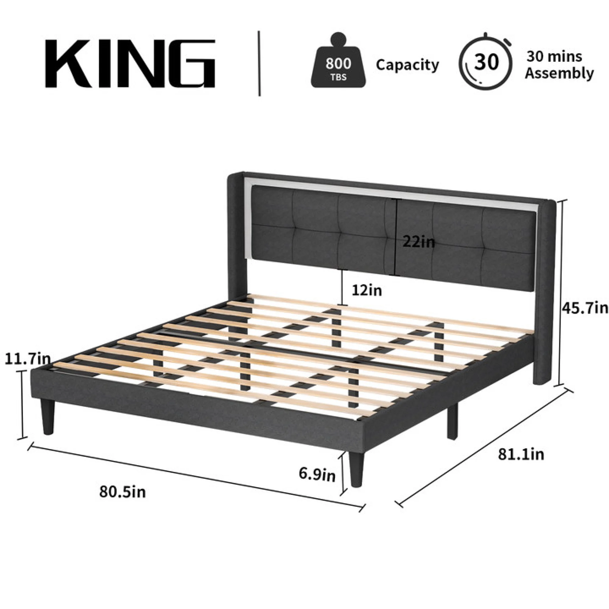 Dark Grey King Size Bed Frame, Upholstered Headboard, Strong Frame, Wooden Slats Support, Non-Slip, Noise-Free, Easy Assembly