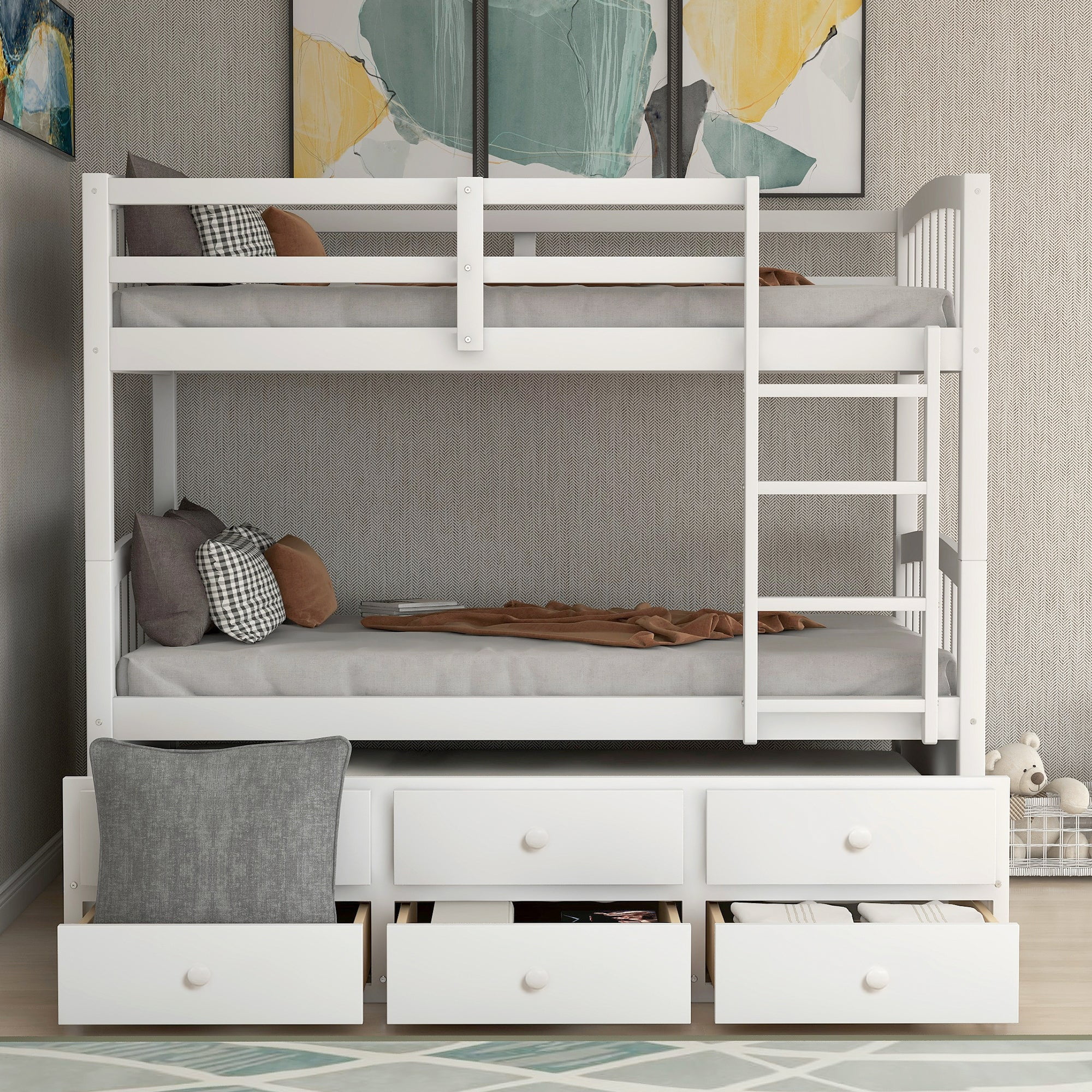 Home Adores Alison Twin Bunk Bed with Trundle and 3 Drawers 79''x42'' - White