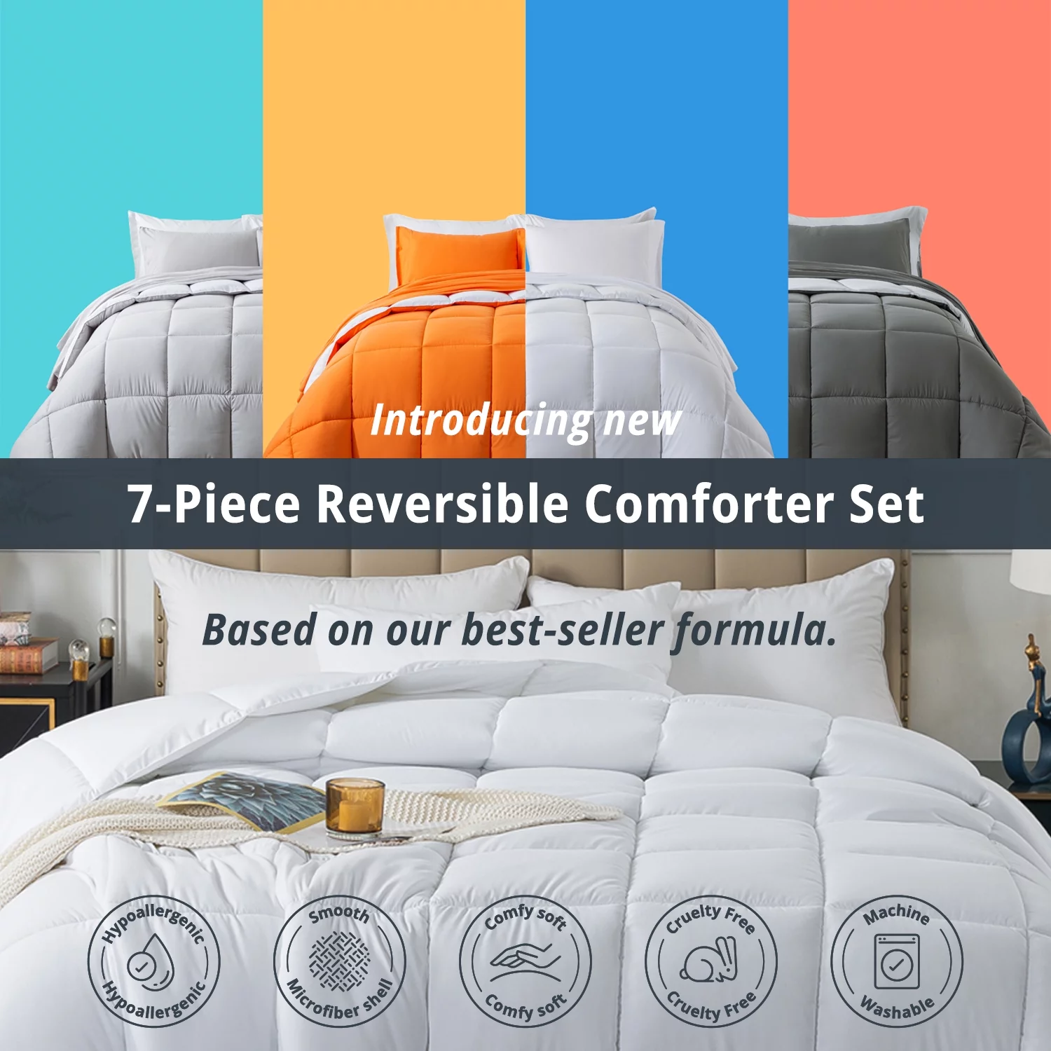 Downcool King Size Bed in a Bag 7 Piece Reversible Comforter Set | All-Season Bedding Sets, Adult, Unisex, Gray/Light Gray