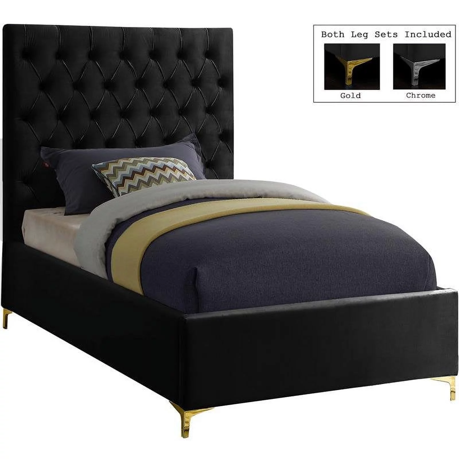Maklaine Contemporary Solid Wood Tufted Velvet Twin Bed in Black