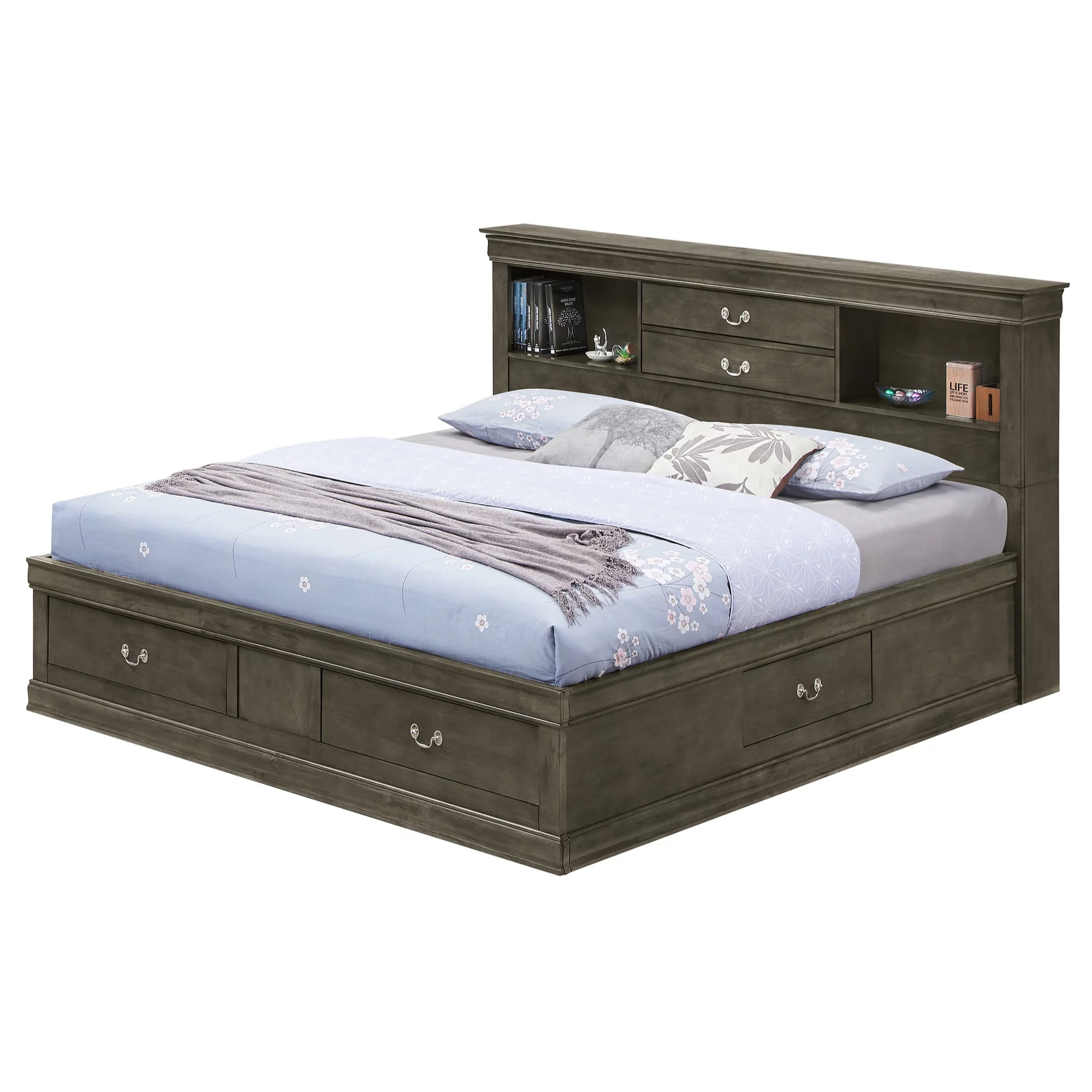 Passion Furniture Louis Philippe Gray Full Storage Platform Bed with 6 Storage Drawers