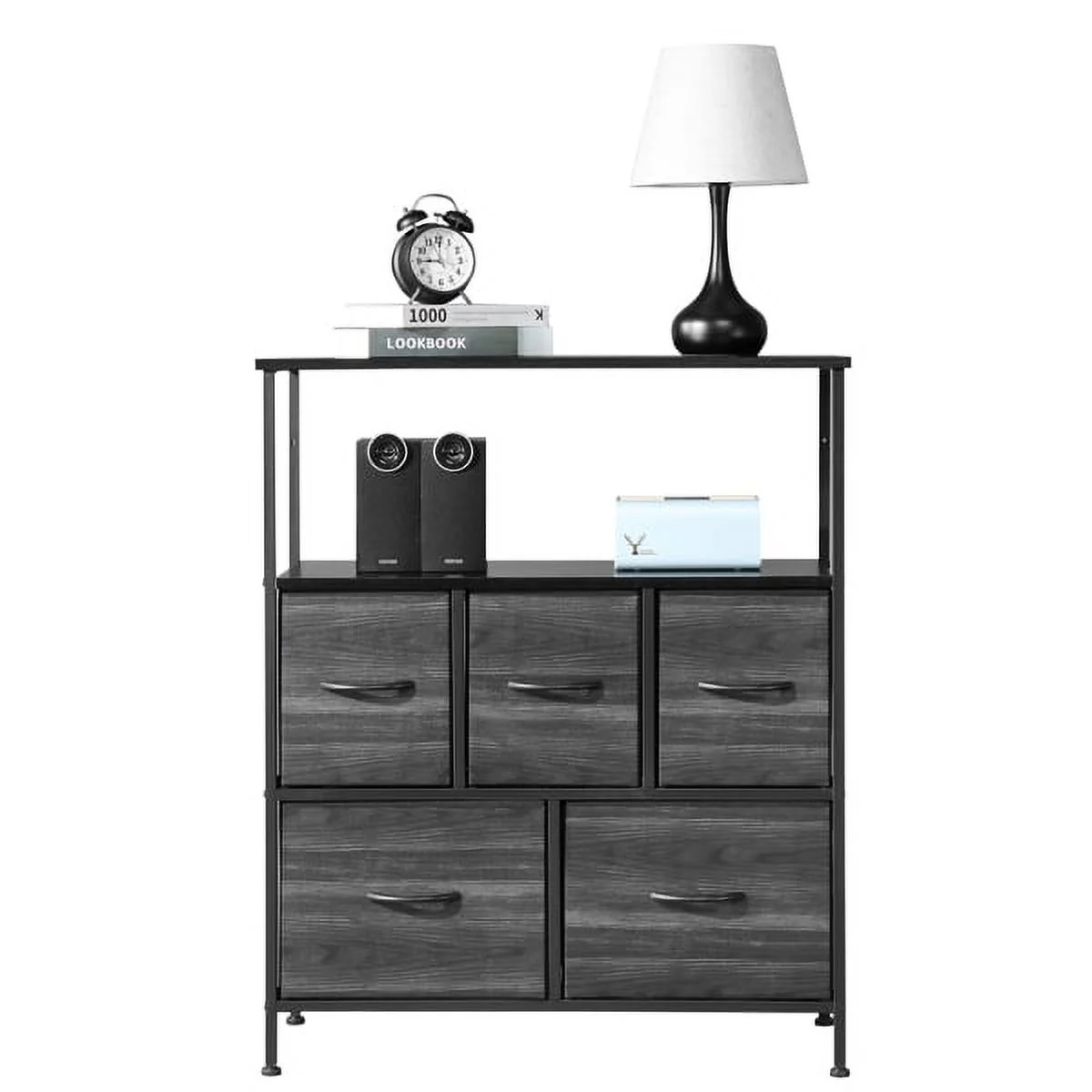 SYTHERS Storage Cabinet Organizer with Top Shelf and 5 Drawers, Fabric Dresser for Closet, Living Room, Hallway, Dark Grey