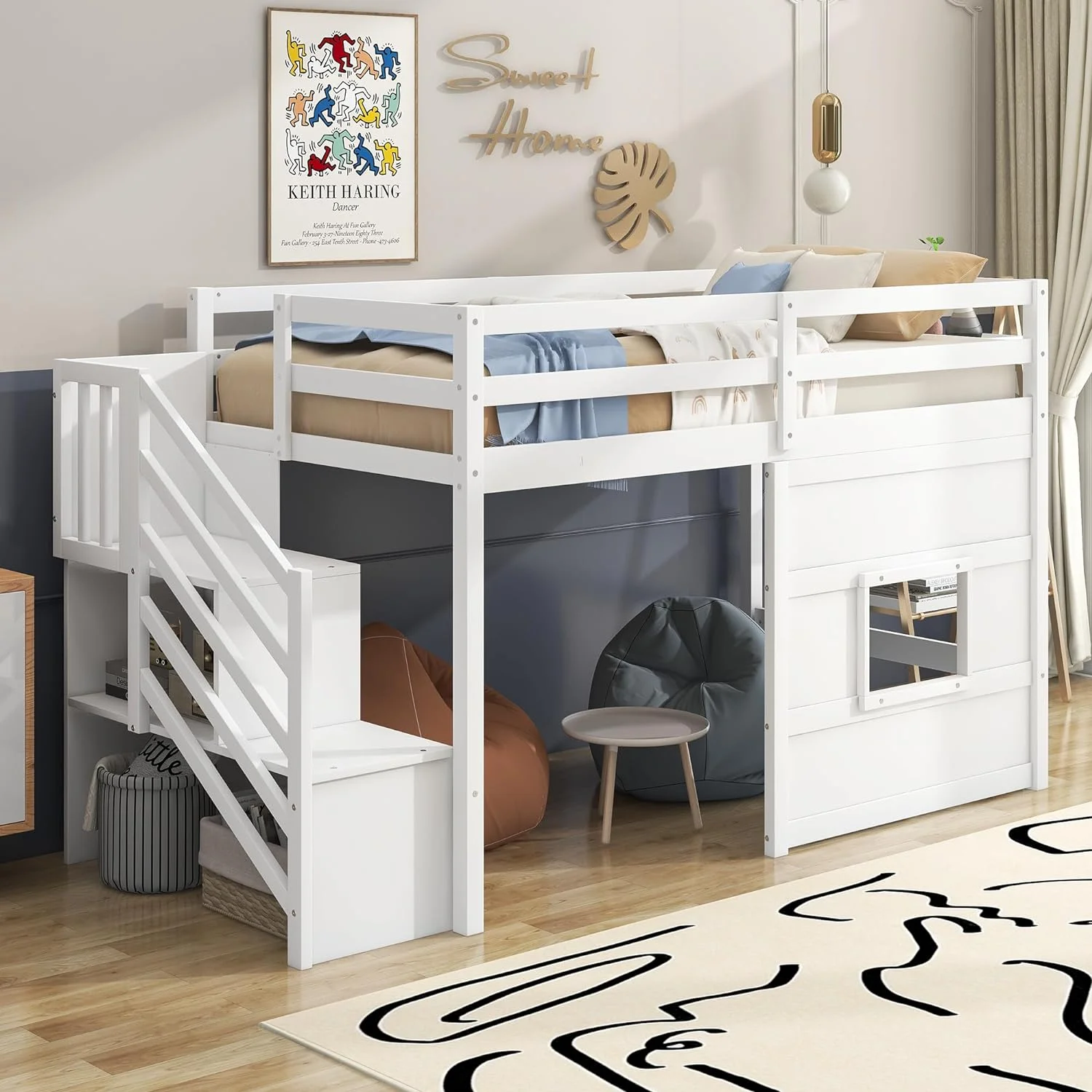 Size Low Loft Bed With Stairs,Wood Loft Bed For Kids,Loft Bed With Widow Desig, Space-Savig Bed For Girls Boys,White