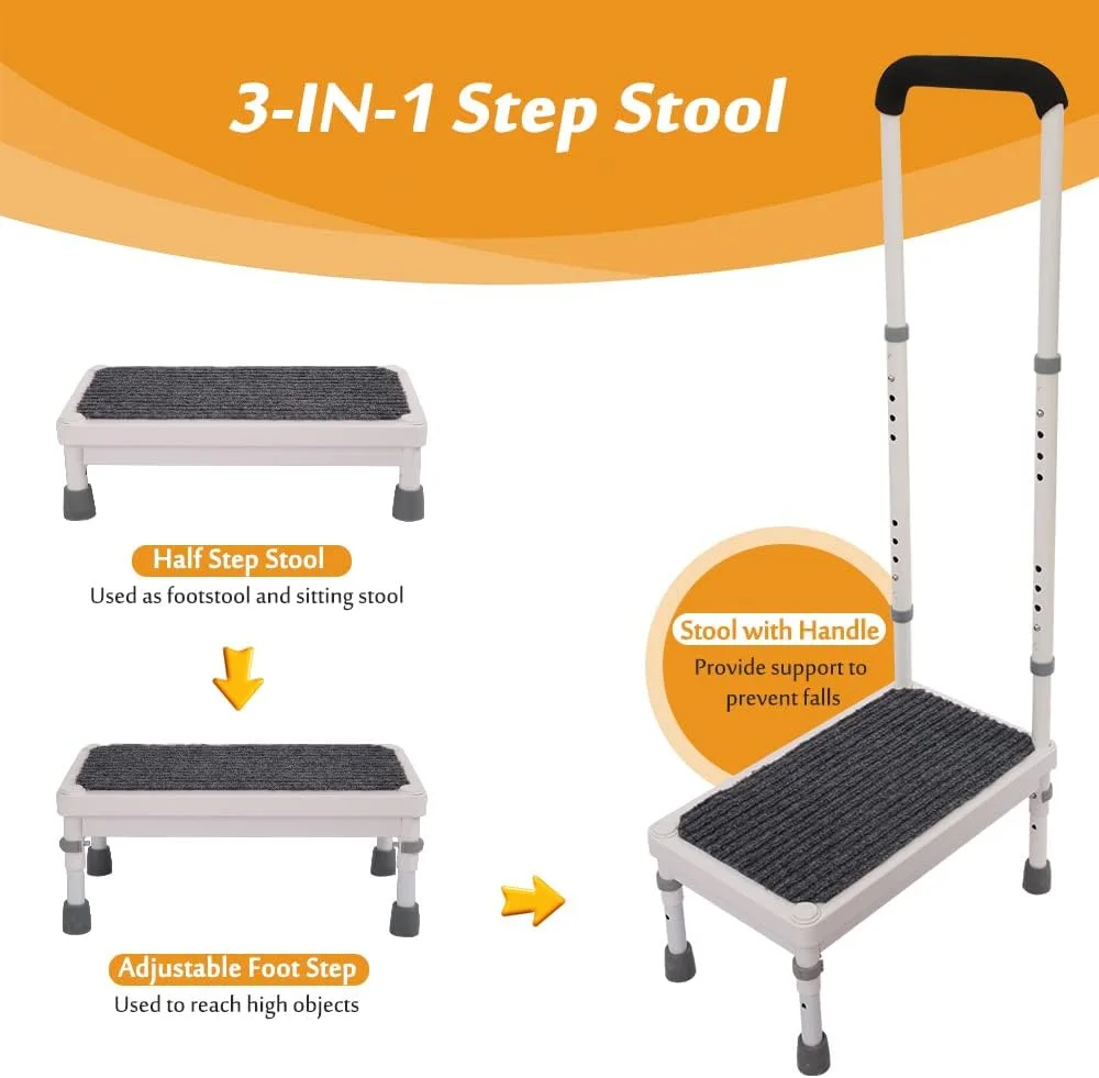 Step Stool with Handle for Elderly Adults High Beds Steps Heavy Duty Metal Stepping Stool Mobility Aids Stand Assist Medical Adjustable Bariatric Step Stool for Kitchen, Bedside, SUV, Bath - 400 lbs