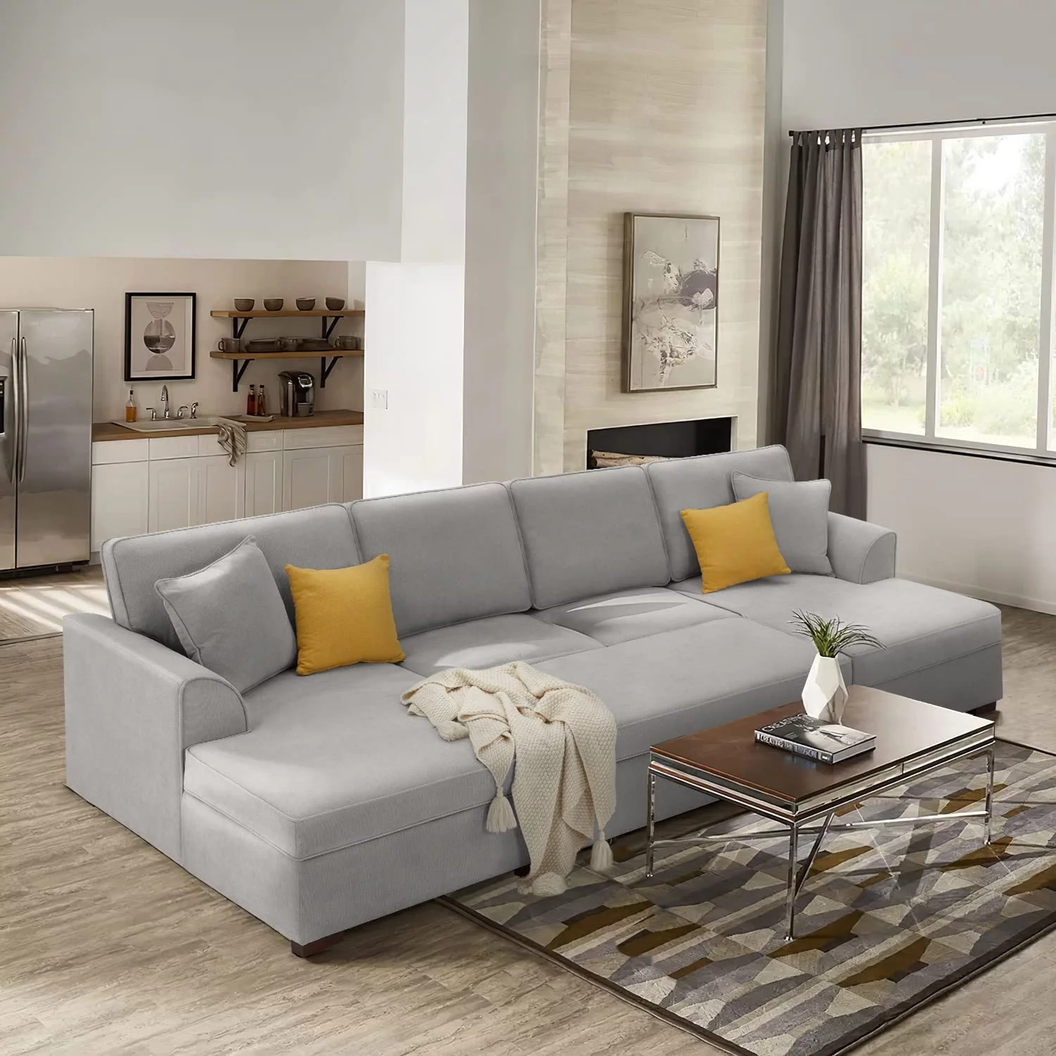 Hommow U-Shaped Sectional Sofa with Pull-Out Bed, Upholstered Modular Couch with Storage, Gray