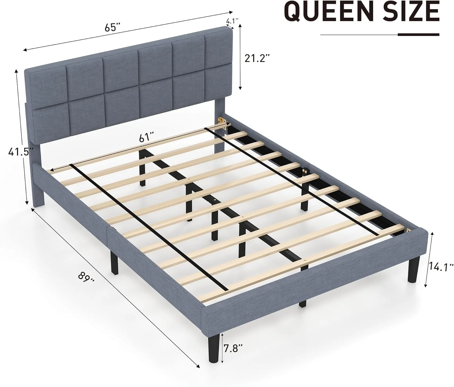 Queen Bed Frame With Upholstered Headboard, Modern Platform Bed Frame Queen Size With Under-Bed Storage Space, Solid Wooden Slats, No Box Spring Needed, Easy Assembly, Noise-, Grey