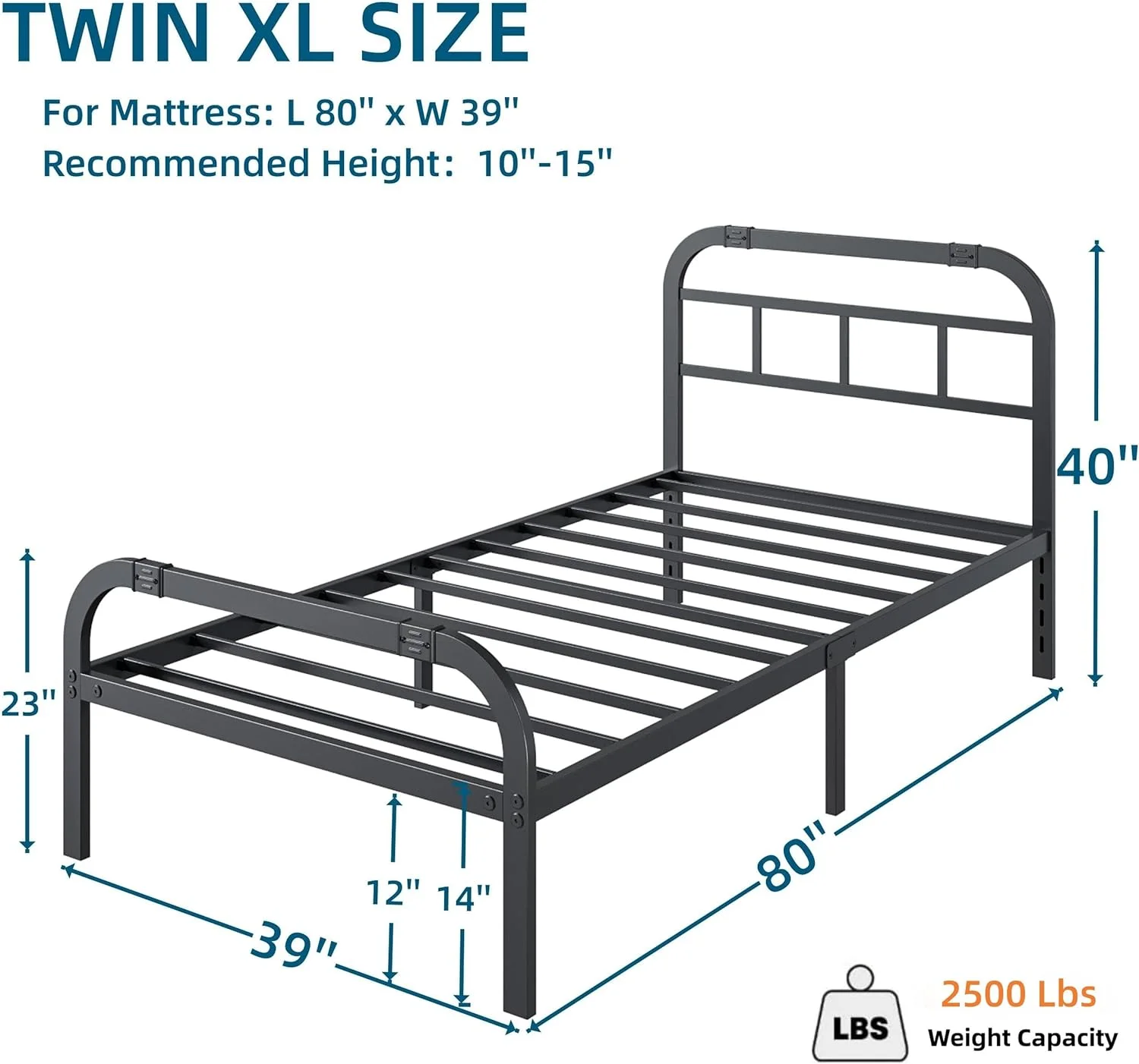 OUWI Twin XL Bed Frame with Headboard and Footboard, 14 Inch High, 2500 Pounds Heavy Duty Metal Slats Support for Mattress, No Box Spring Needed,Noise-Free, Black