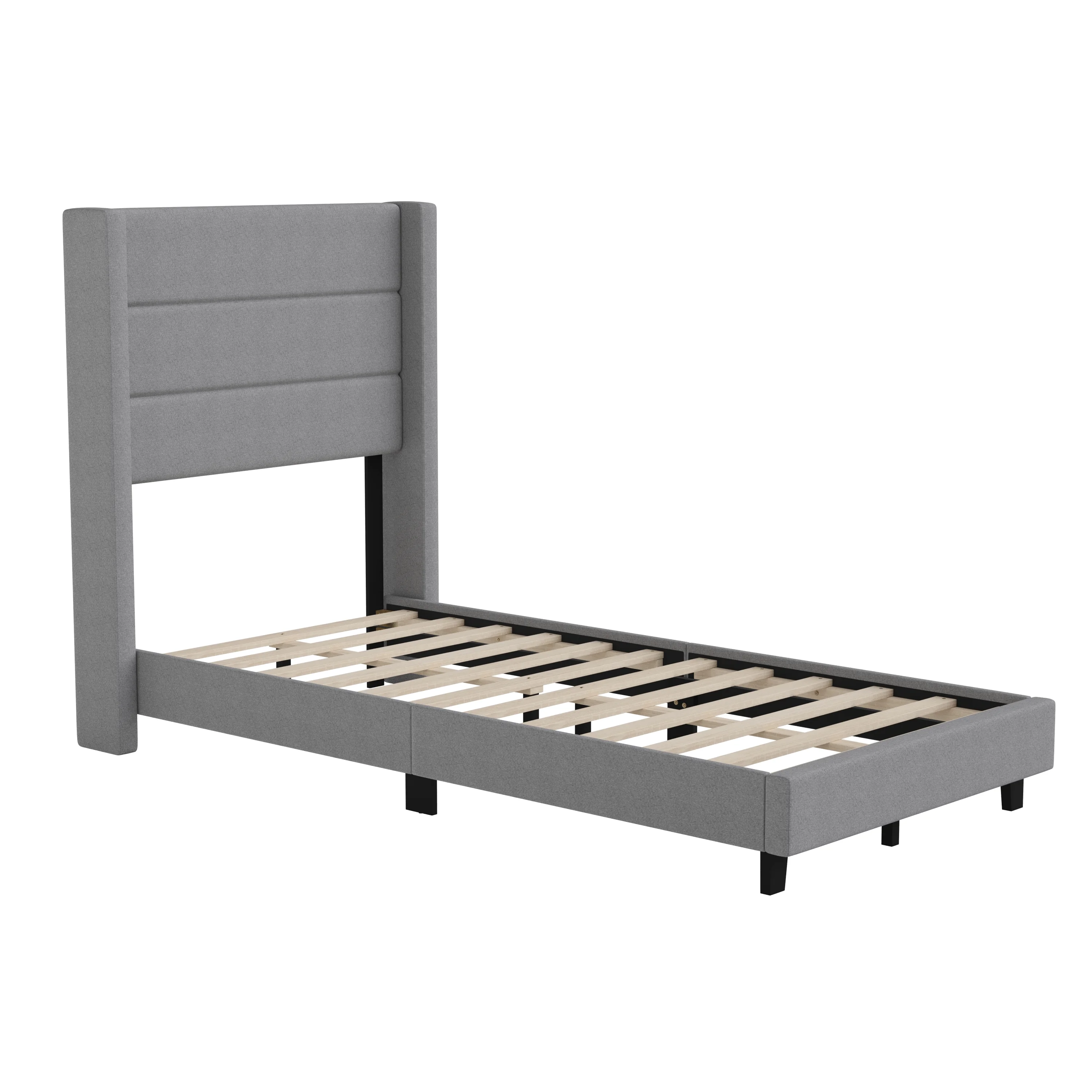 Emma + Oliver Modern Gray Channel Stitched Faux Linen Upholstered Twin Platform Bed with Wingback Headboard and Wooden Support Slats; No Box Spring Needed