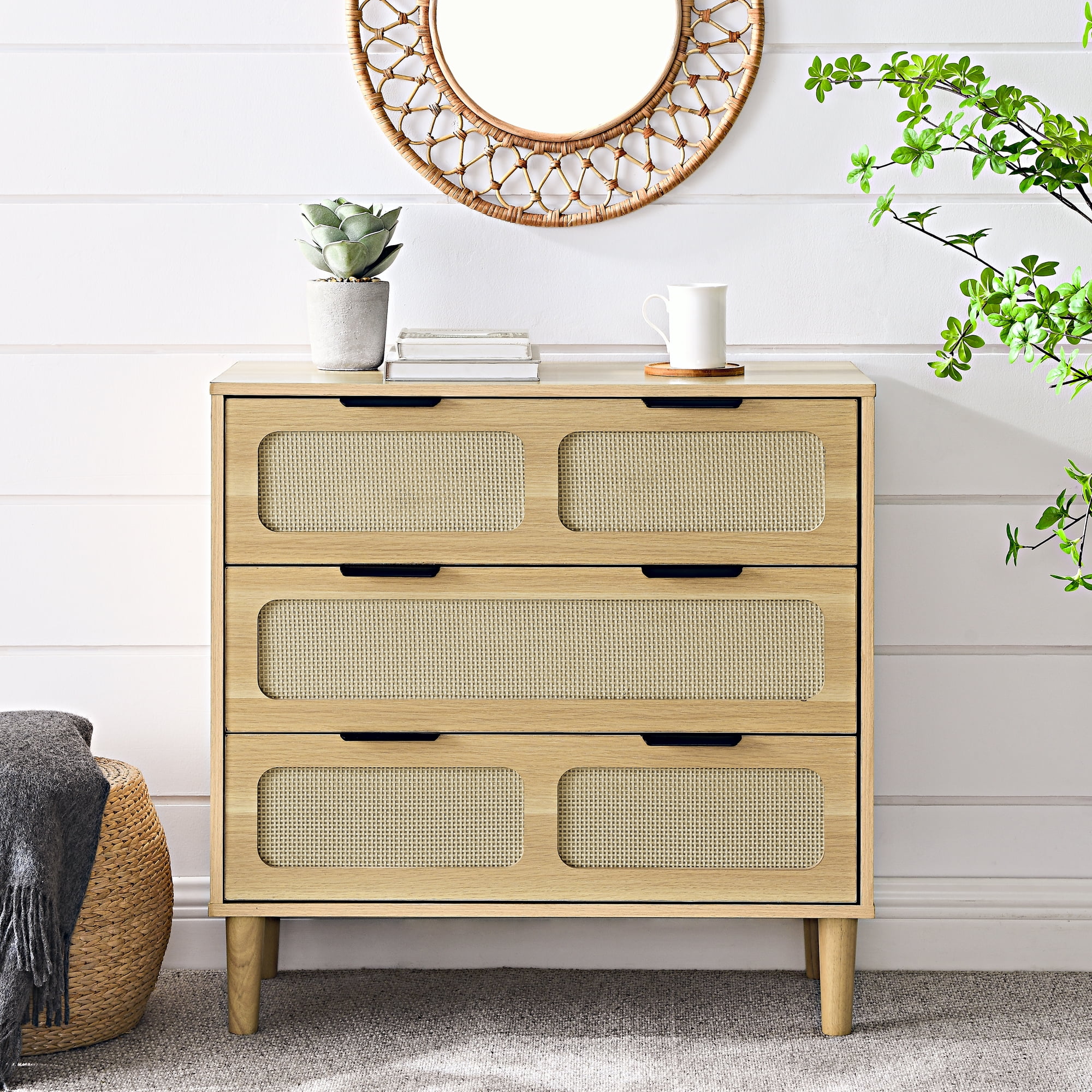 3 drawer dresser, modern rattan dresser cabinet with wide drawers and metal handles, farmhouse wood storage drawer chest for bedroom, living room, hallway, entrance