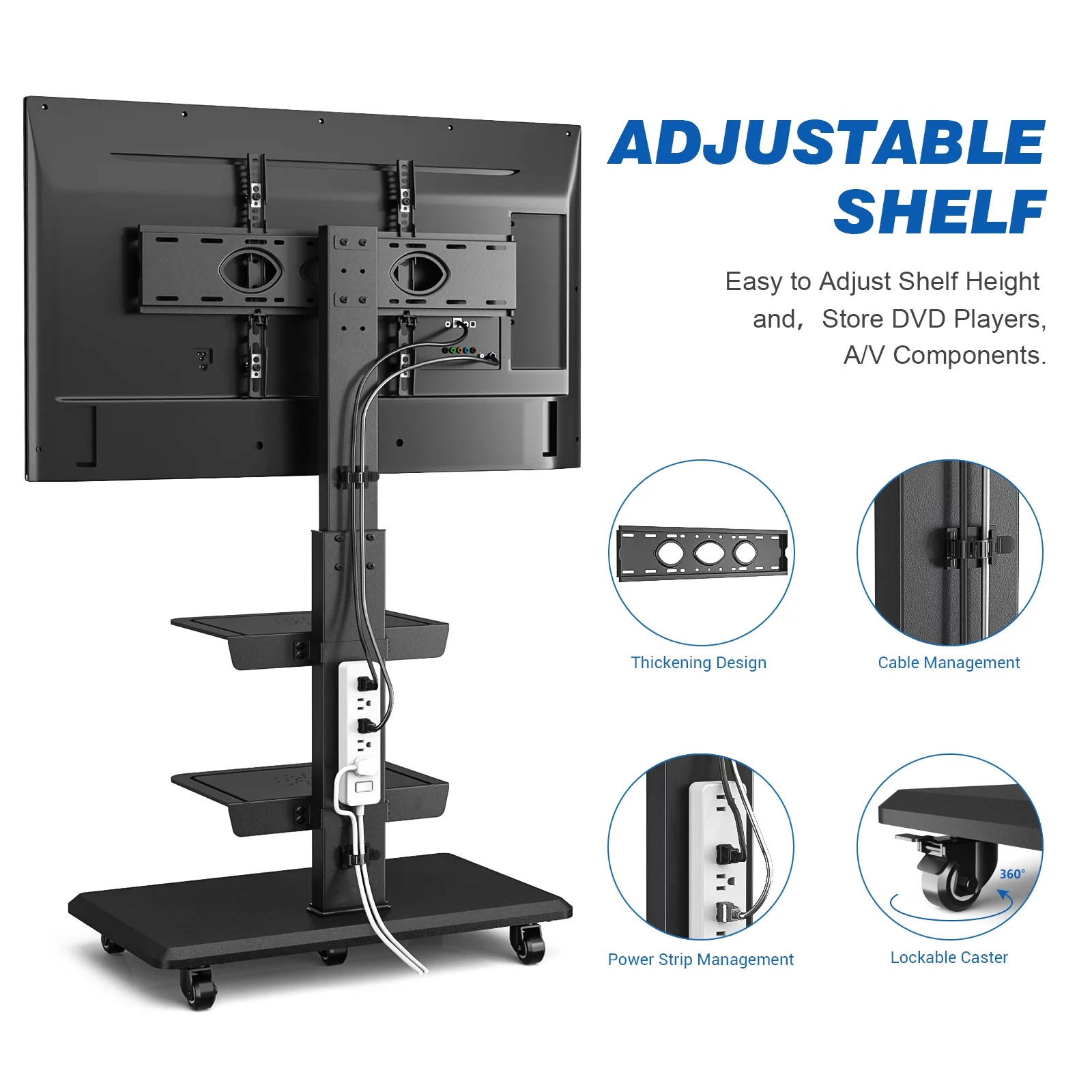 Rolling TV Stand for Flat TVs up to 85 inch, 3 Shelves, Black